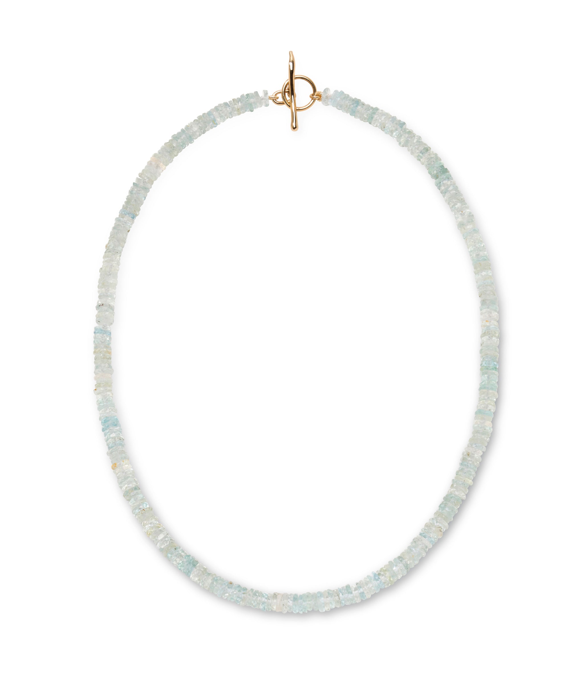 Faceted Aquamarine 14k Gold Necklace. Faceted aquamarine heishi beads with 14k yellow gold toggle closure.