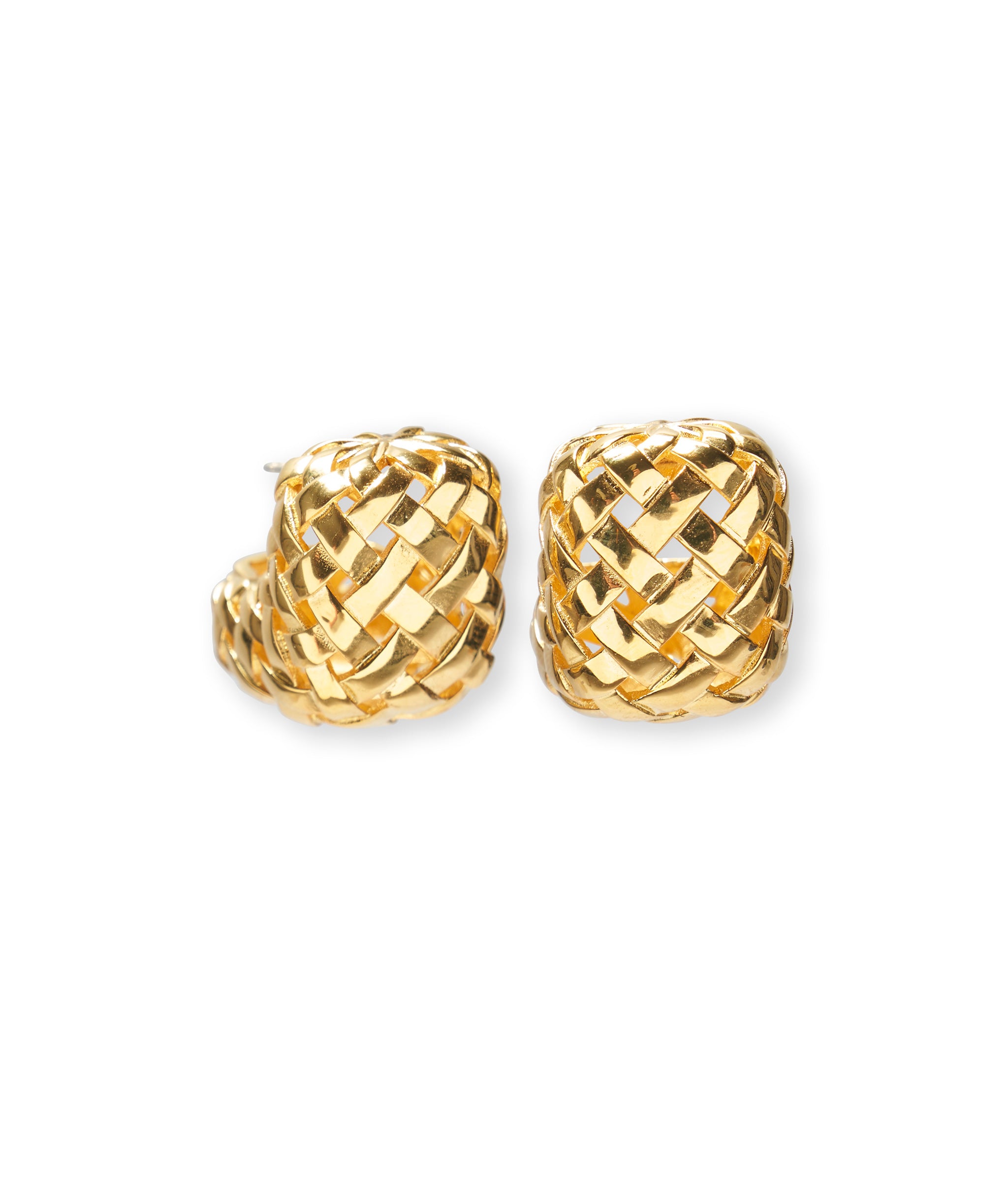 Gold-plated brass woven hoop earrings in a white background.