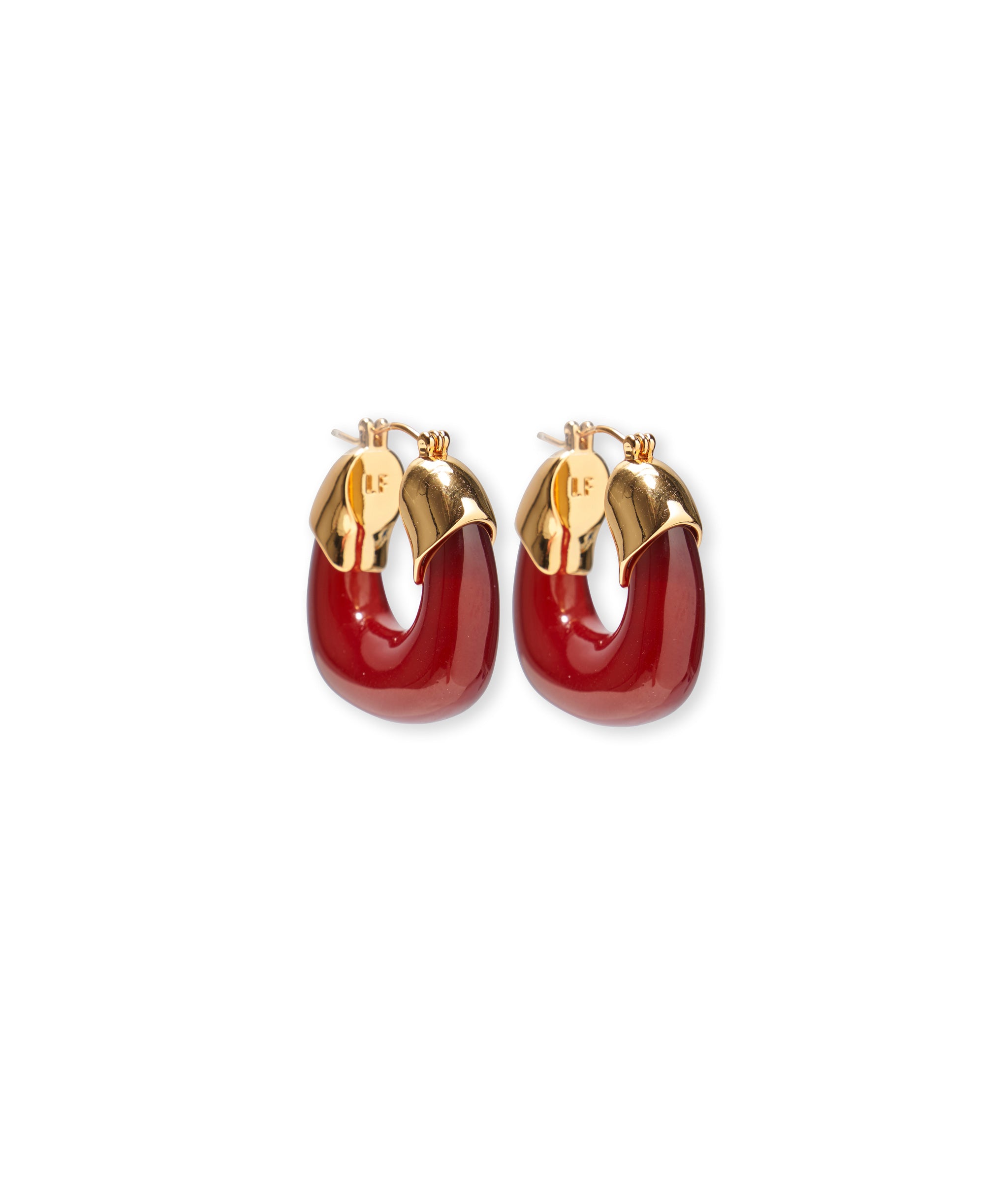 Mini Organic Hoops In Currant in Gold-plated brass and deep red resin hoop earrings.