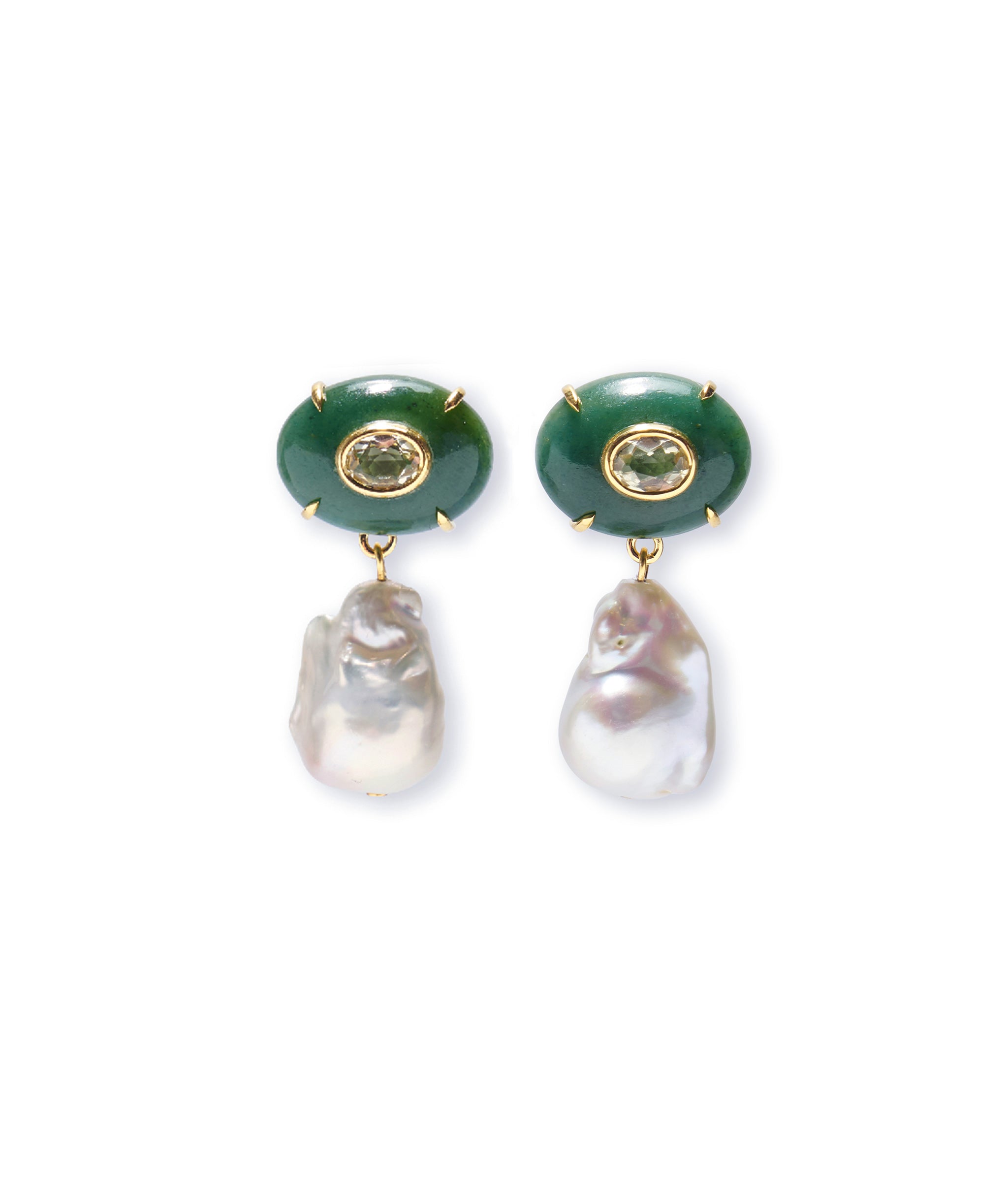 Gold-plated Plaza Pearl earrings featuring jade tops inlaid with lemon quartz and  freshwater baroque pearl drops.