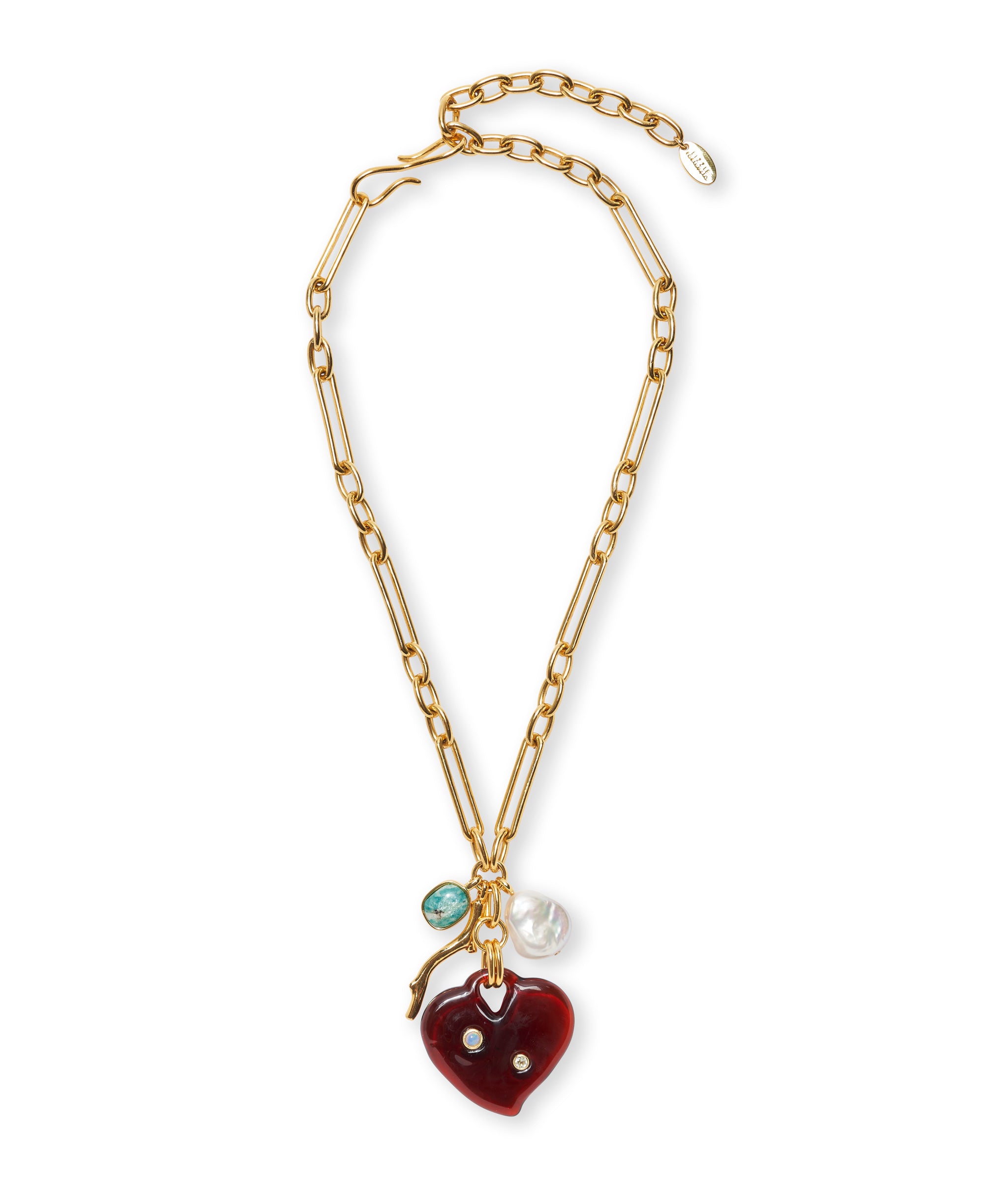 Gold chain necklace with amber-colored glass heart pendant with sky blue topaz and Ethiopian opal semiprecious stone