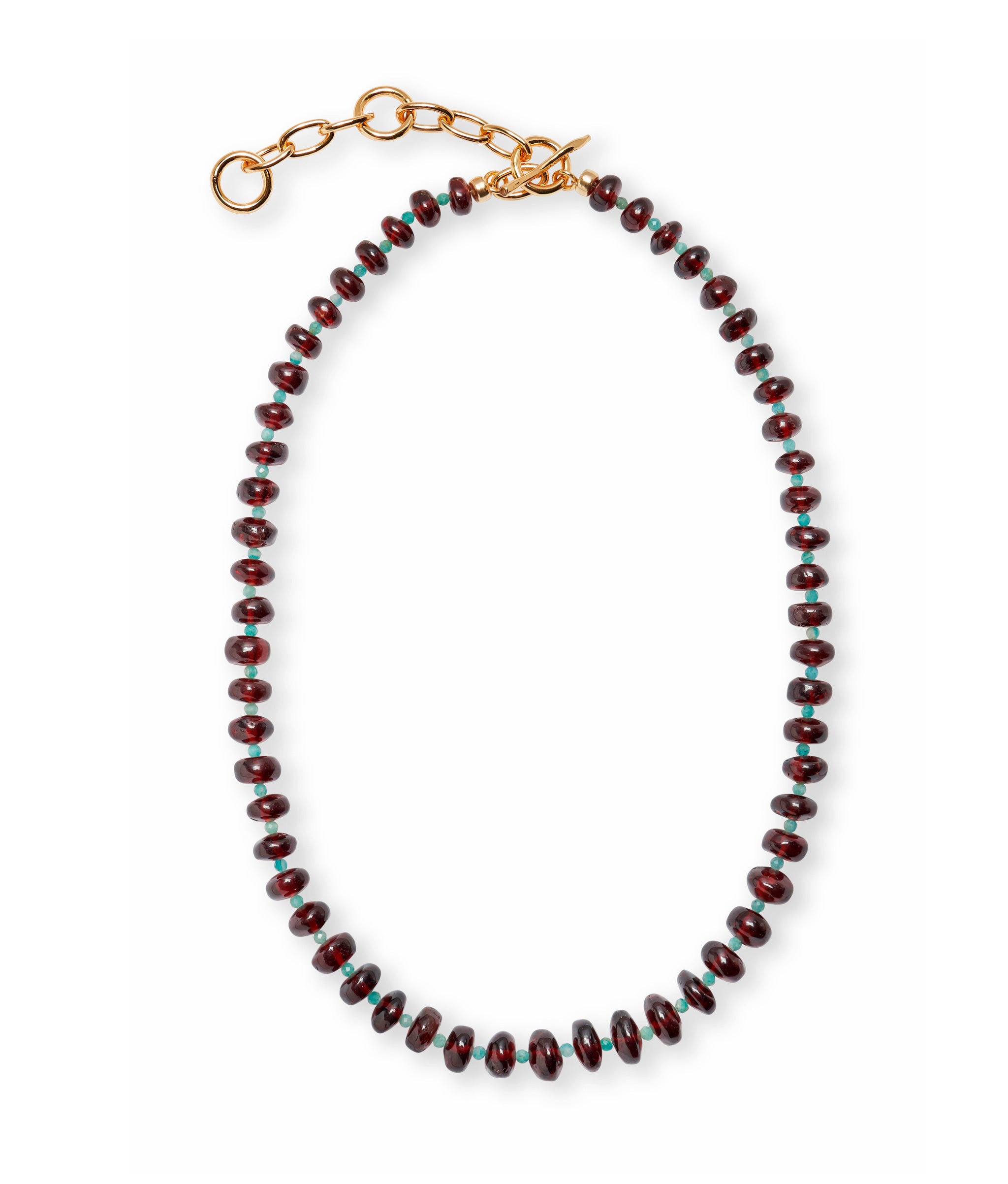 The single-strand Tola Necklace in Eclipse in deep red-colored hydroquartz and faceted amazonite beads.