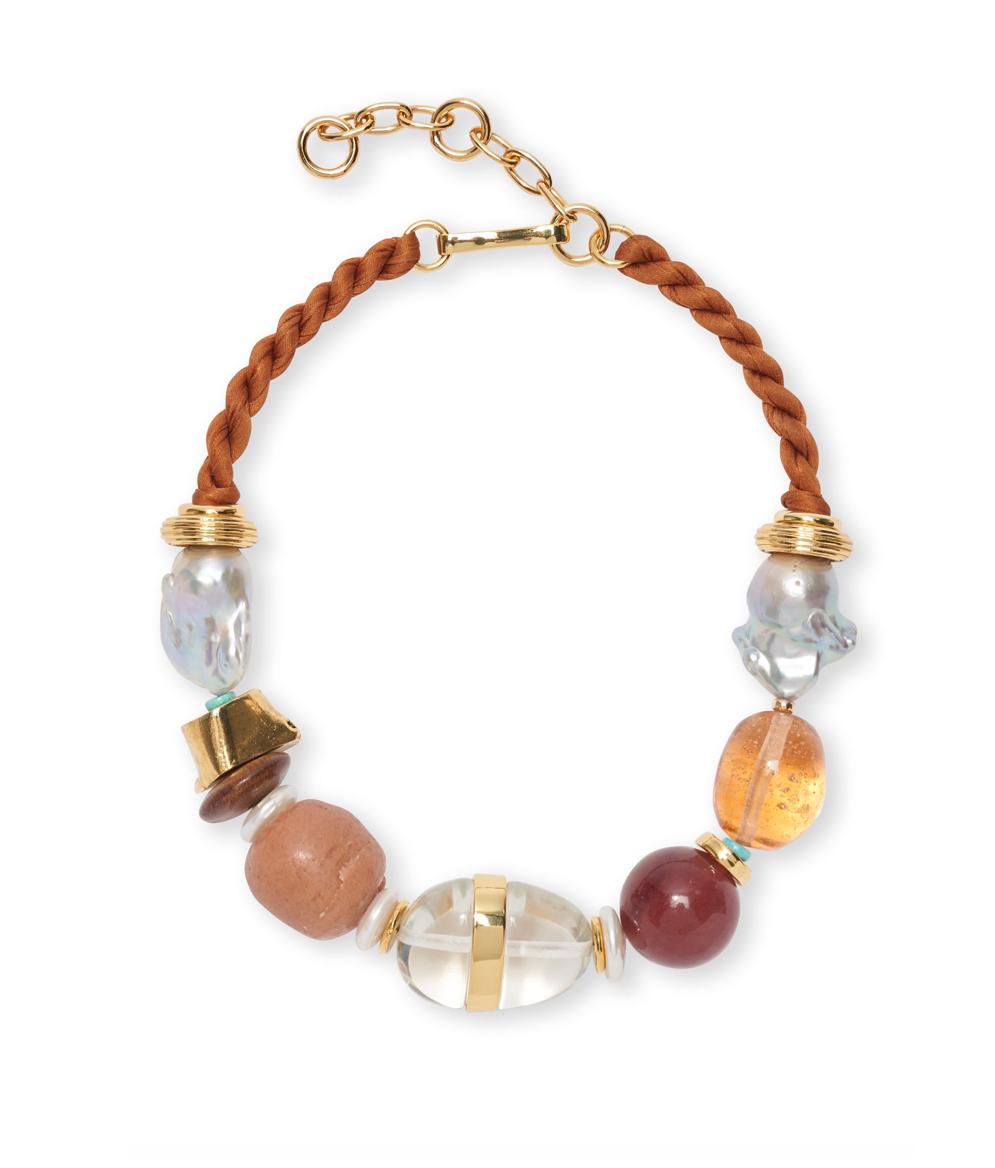 Glass Beach Necklace in Terra with freshwater pearls, gold-plated cast beads, strawberry quartz and turquoise beads.