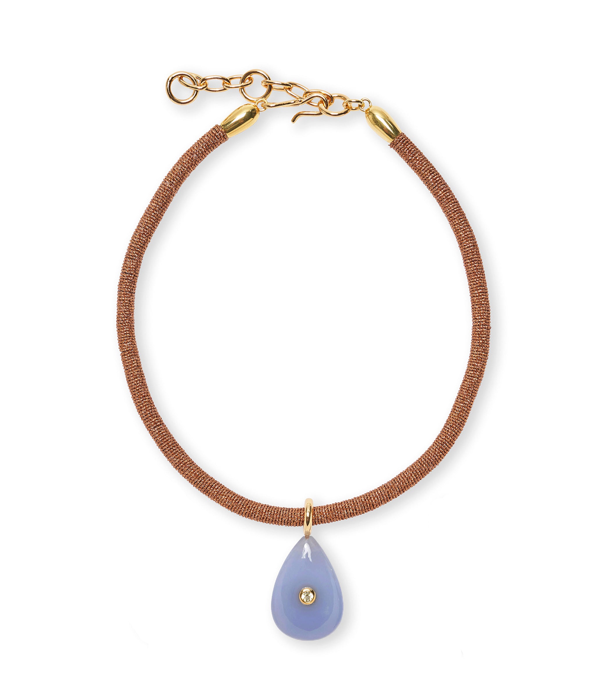 Dream Weaver Collar in a metallic thread with hanging blue chalcedony pendant set with lemon quartz semiprecious stone