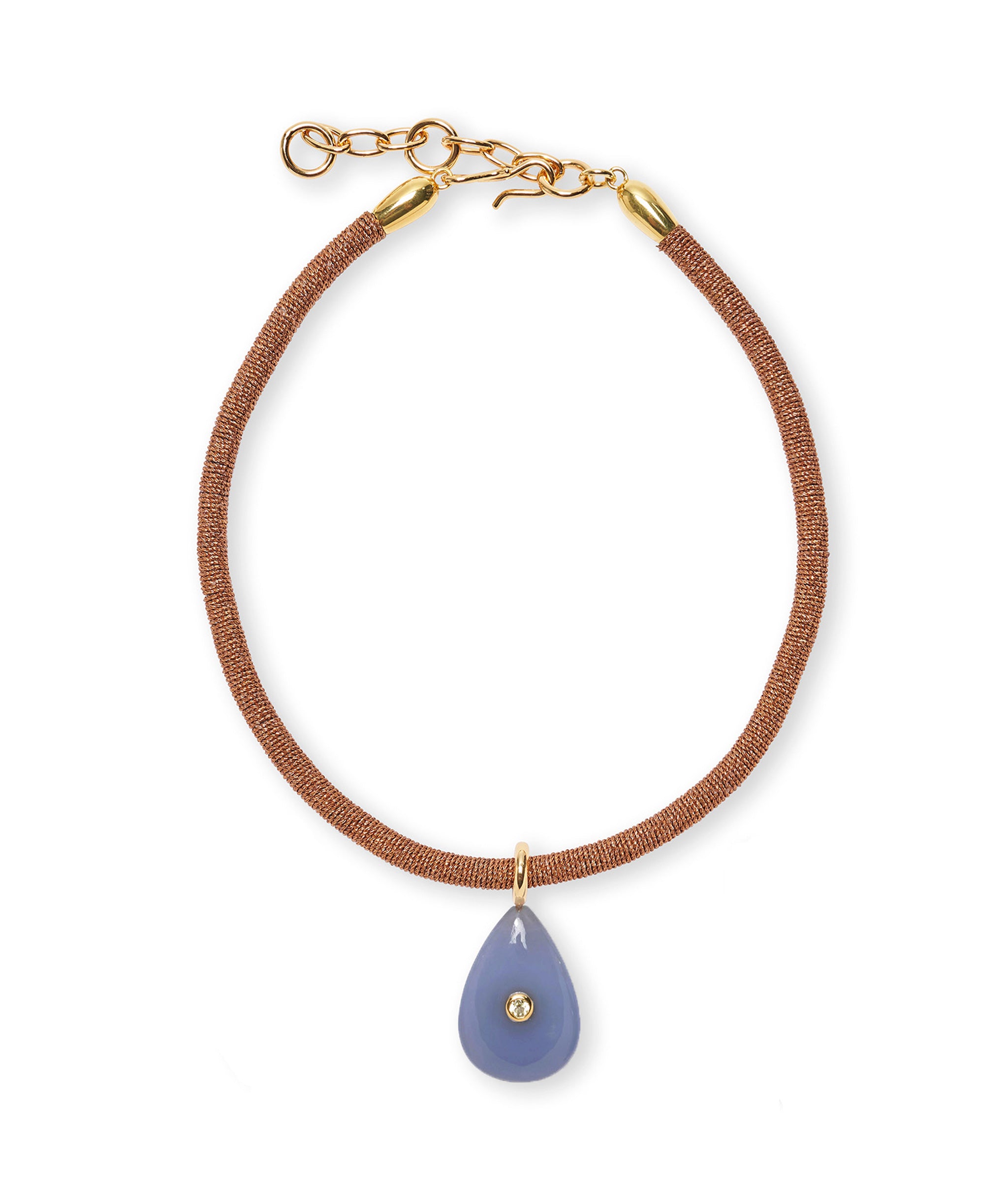 Dream Weaver Collar in a metallic thread with hanging blue chalcedony pendant set with lemon quartz semiprecious stone