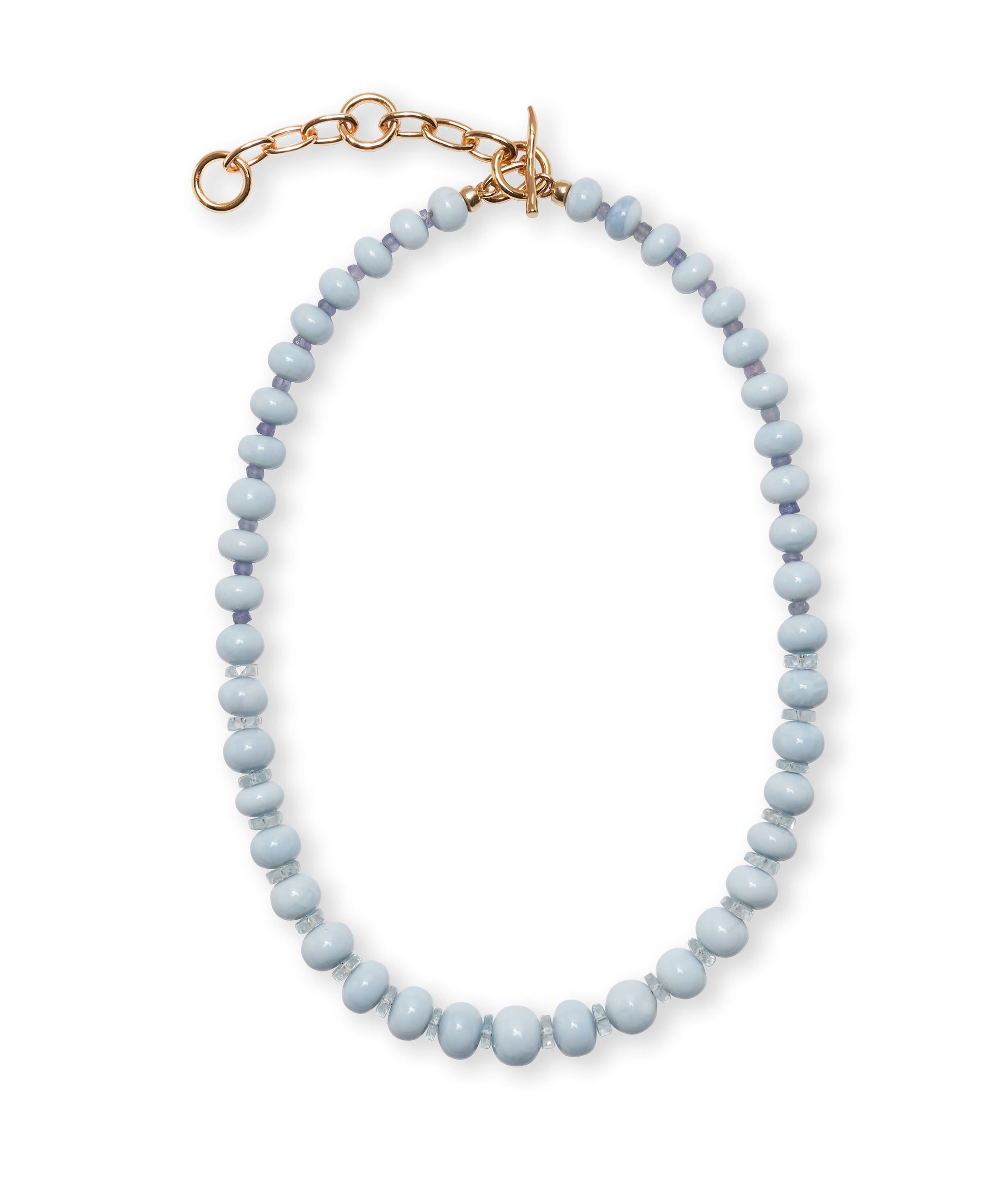 Seaside Cliffs Necklace in single-strand, graduated blue opal beads, dotted with ombré tanzanite and crystal quartz 