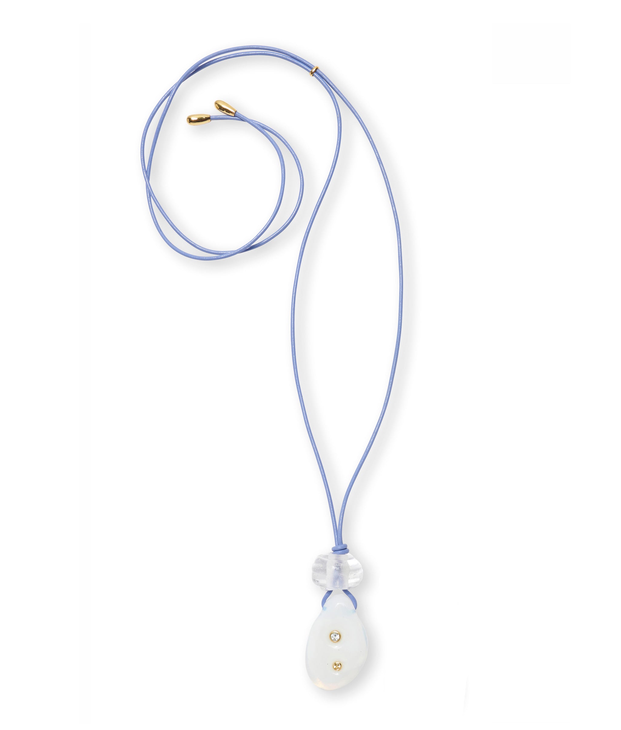 Periwinkle leather cord necklace with flame worked clear glass bead and opal-colored glass teardrop pendant inlaid.