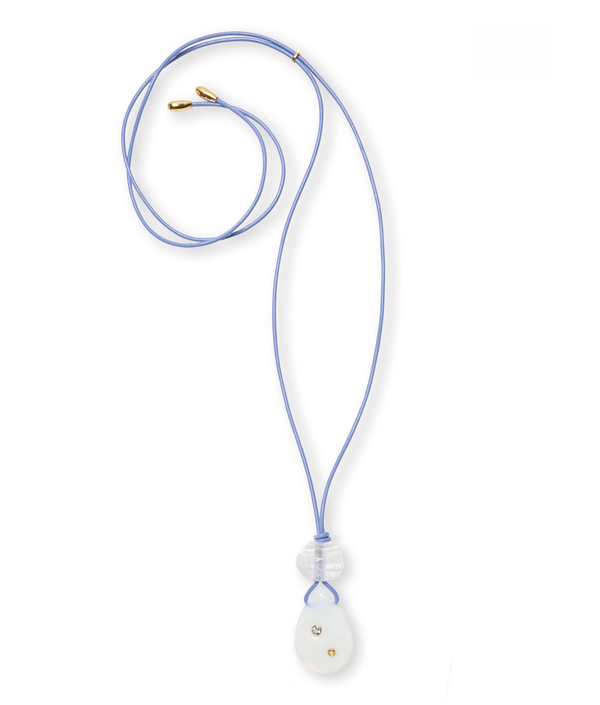 Periwinkle leather cord necklace with flame worked clear glass bead and opal-colored glass teardrop pendant inlaid.