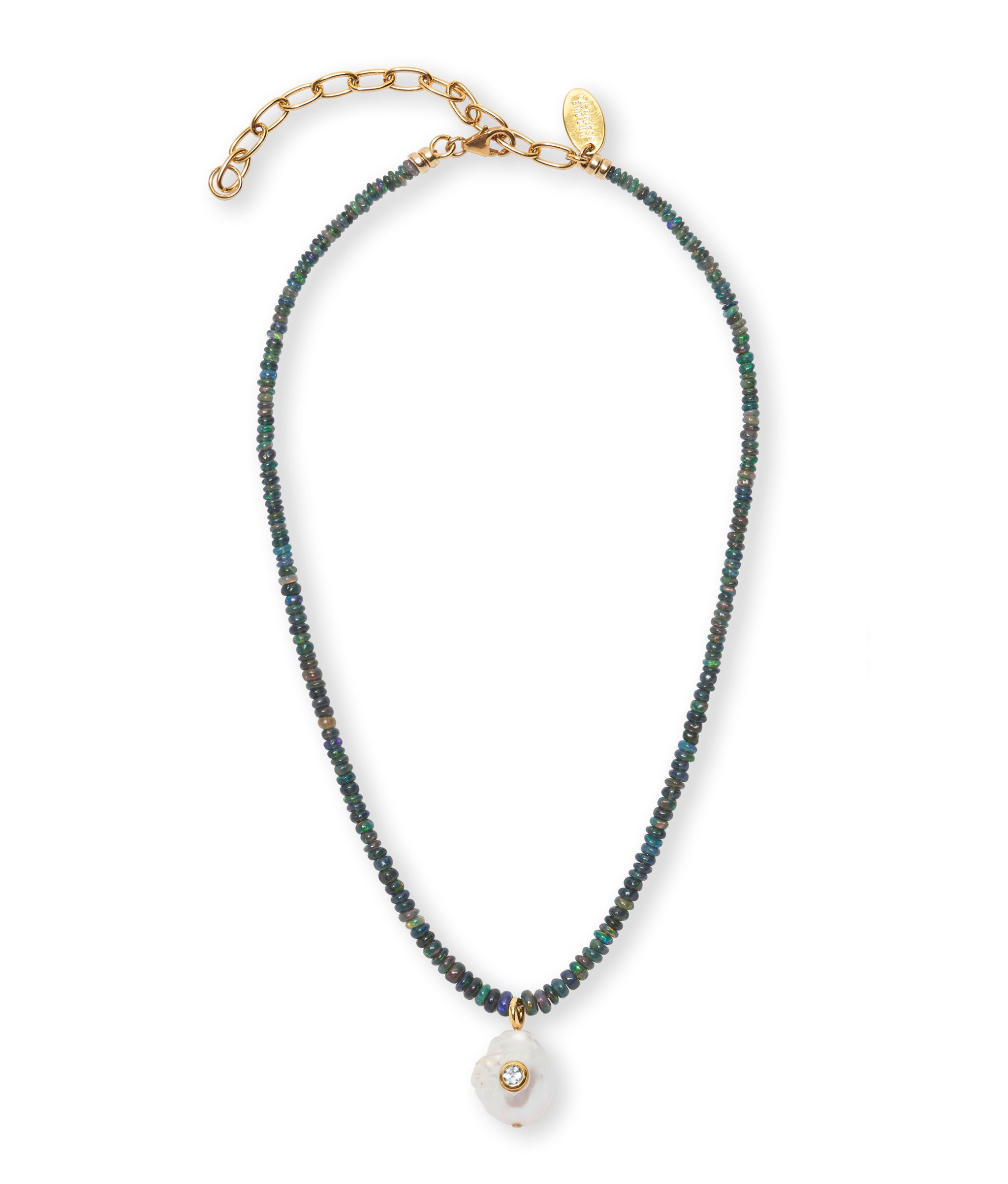 Castillo Necklace in black Ethiopian opal beads with freshwater baroque pearl, inlaid with sparkly sky blue topaz stone.