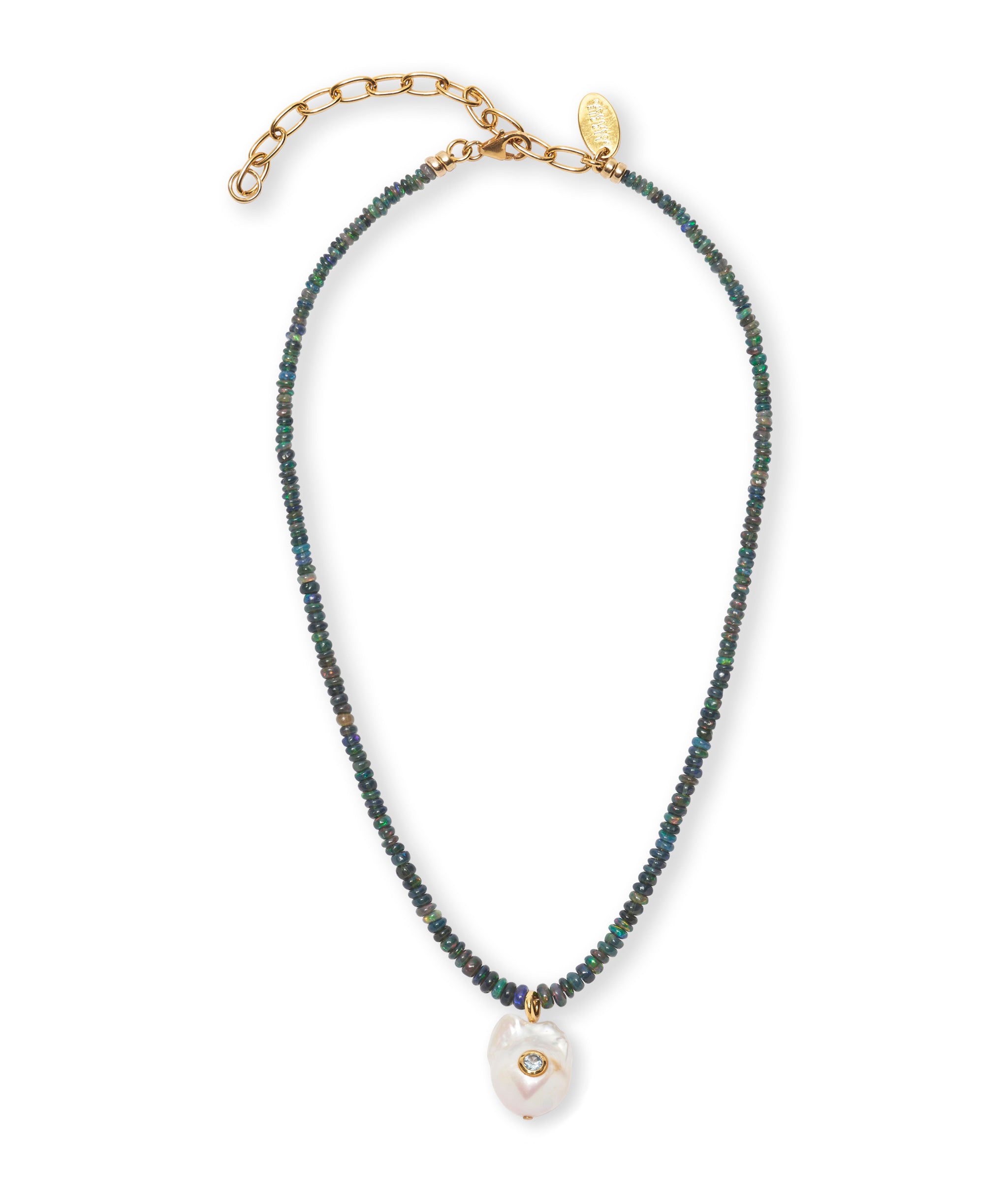 Castillo Necklace in black Ethiopian opal beads with freshwater baroque pearl, inlaid with sparkly sky blue topaz stone.