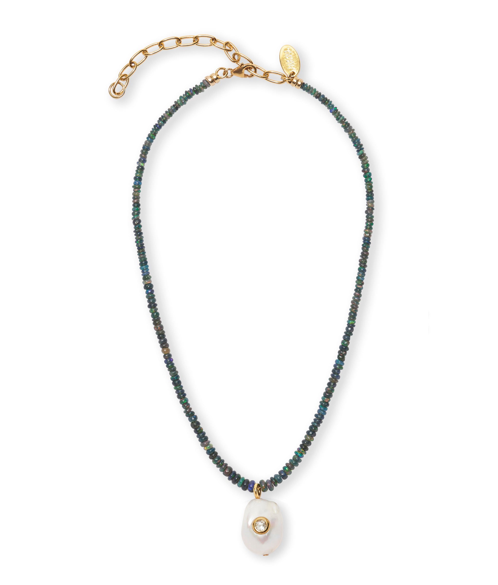 Castillo Necklace in black Ethiopian opal beads with freshwater baroque pearl, inlaid with sparkly sky blue topaz stone.