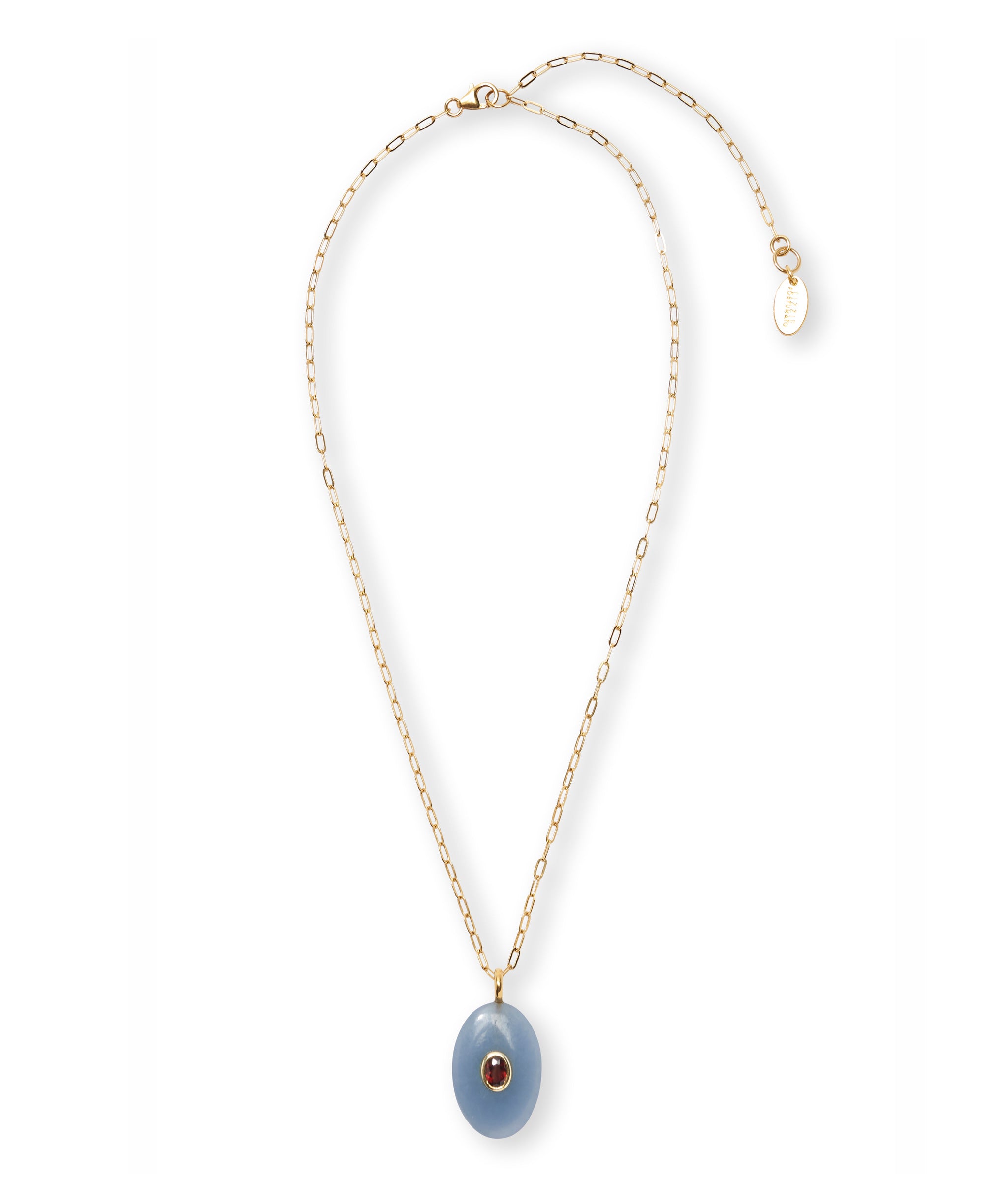 Gold-plated brass chain necklace with angelite oval pendant inlaid with faceted semiprecious pink rhodolite stone.