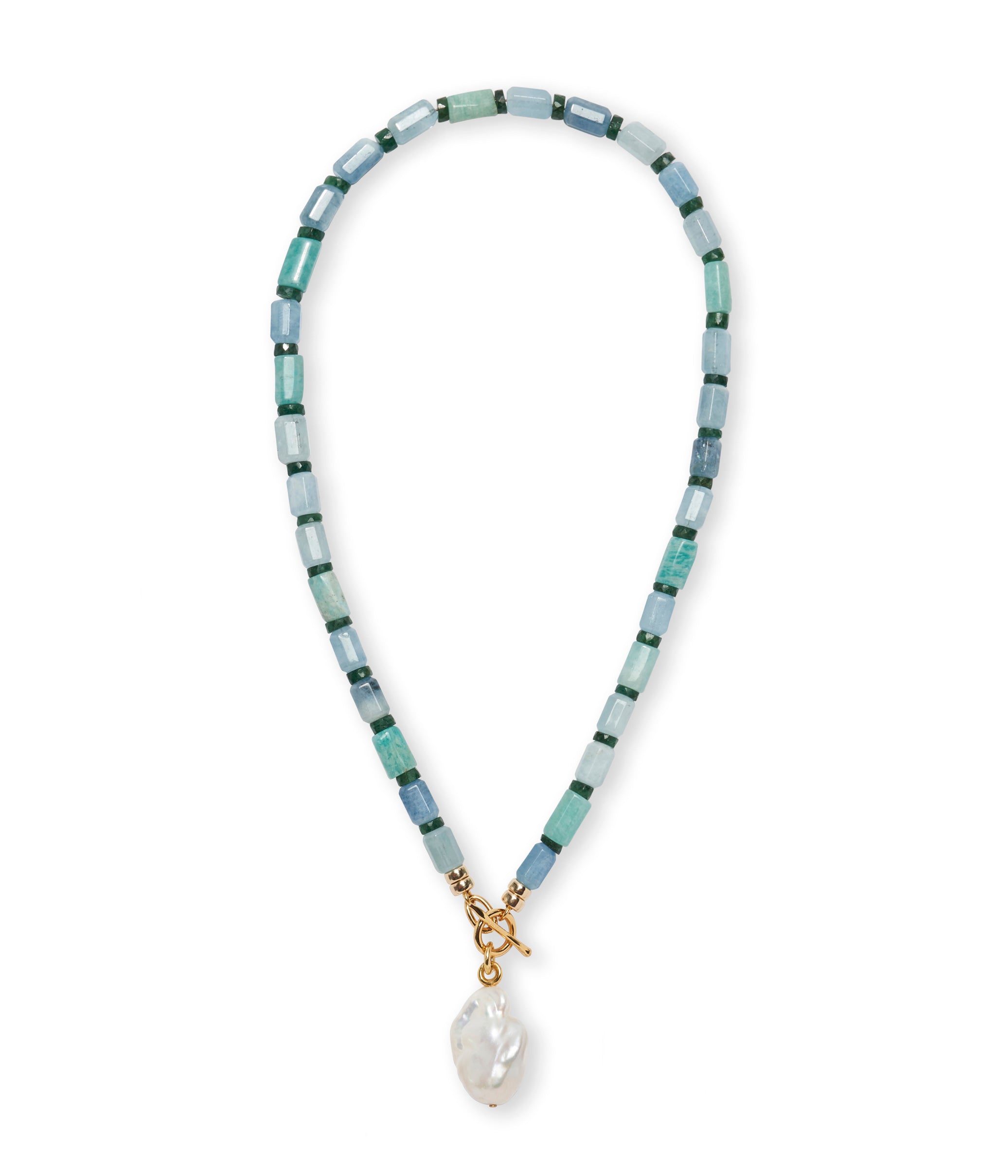 Pearl Isle Necklace in Sea with aquamarine, natural Peruvian amazonite, green jade beads and baroque freshwater pearl 