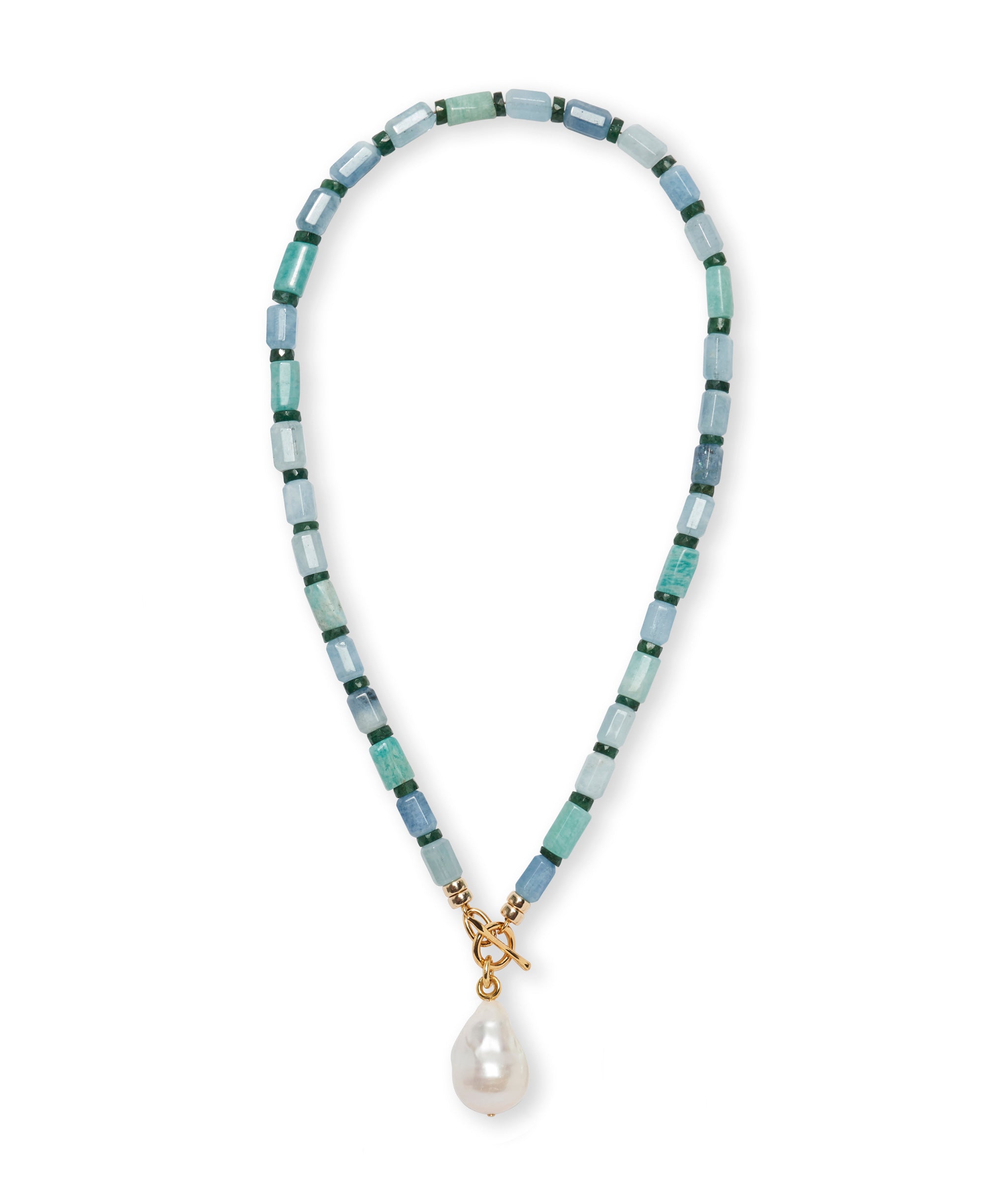 Pearl Isle Necklace in Sea with aquamarine, natural Peruvian amazonite, green jade beads and baroque freshwater pearl 