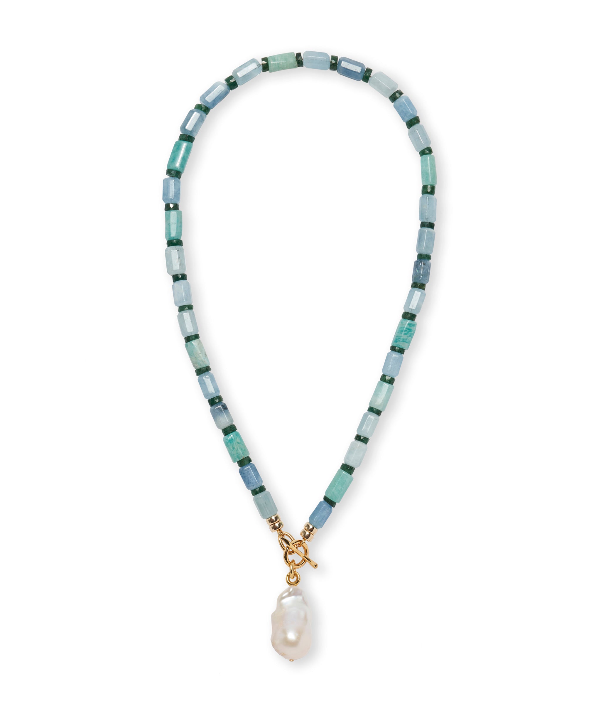 Pearl Isle Necklace in Sea with aquamarine, natural Peruvian amazonite, green jade beads and baroque freshwater pearl 