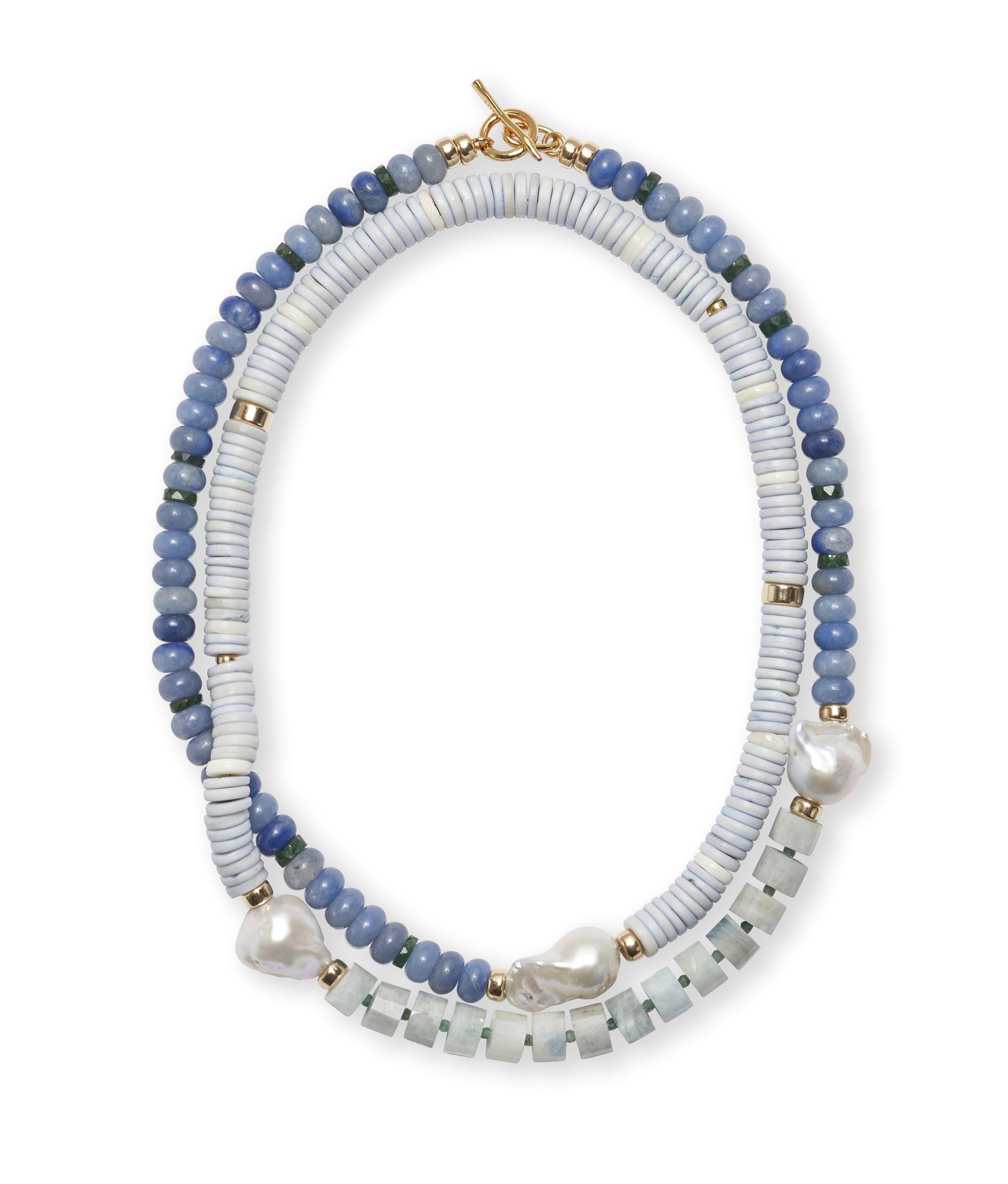 Cabana Necklace in Azure Sky dotted with freshwater pearl accents. It can be worn long or wrapped around.