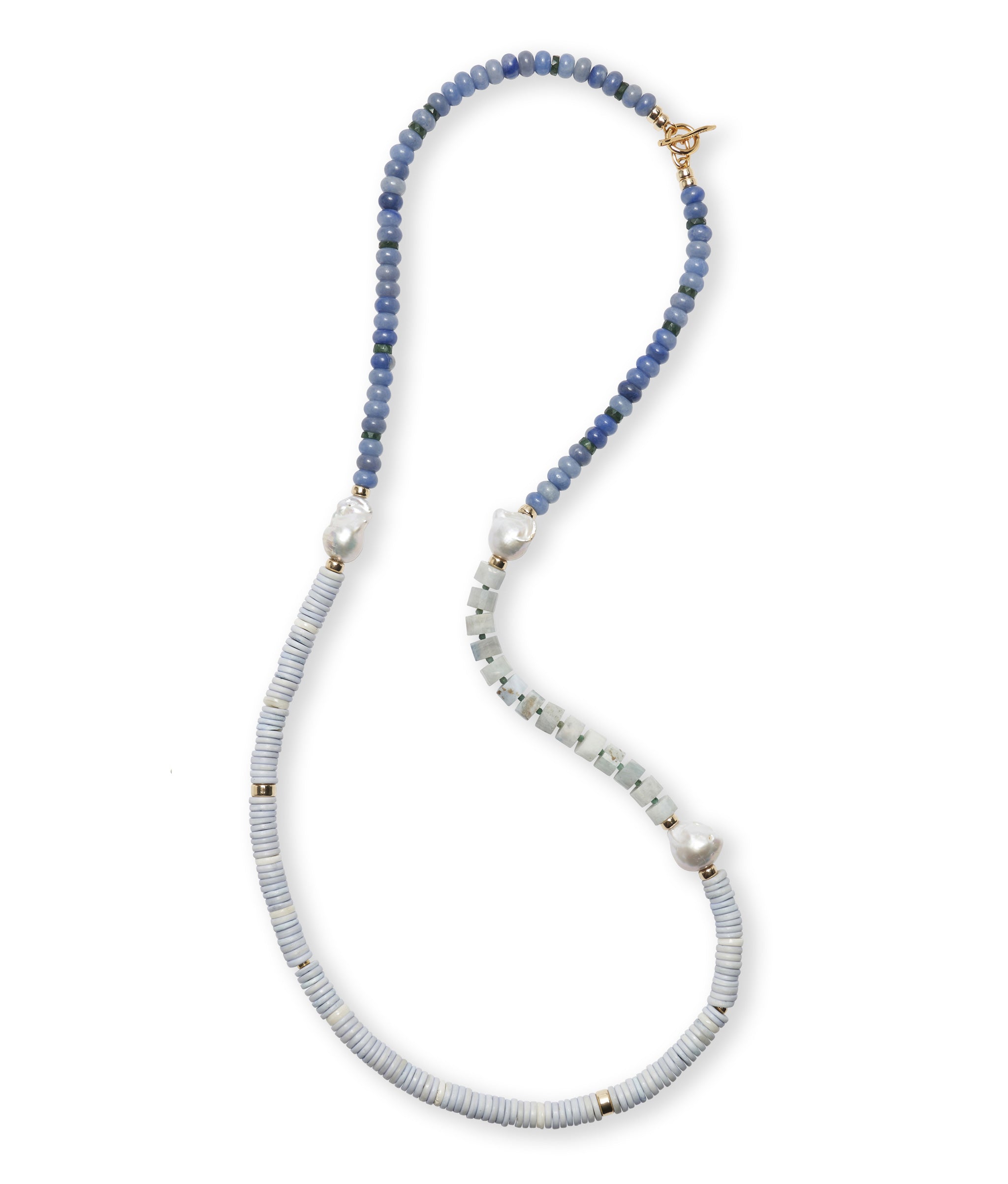 Cabana Necklace in Azure Sky dotted with freshwater pearl accents. It can be worn long or wrapped around.