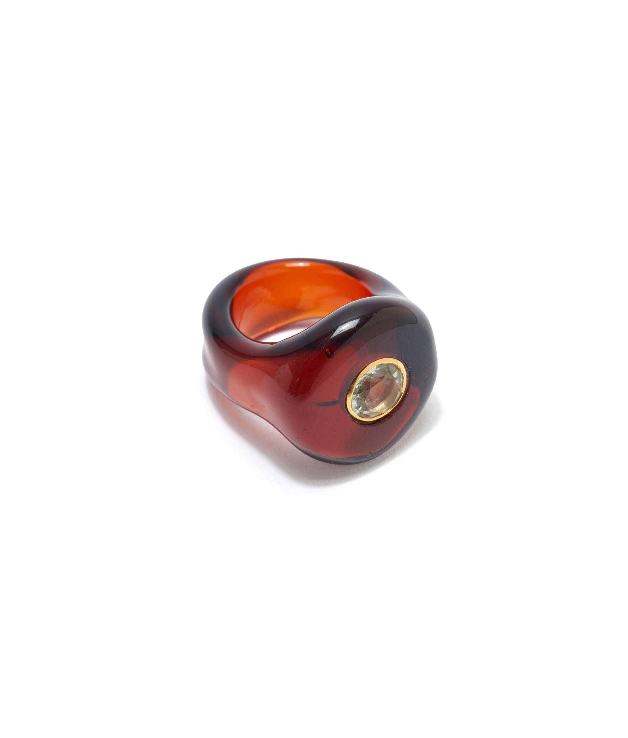 Halo Ring in Root Beer in Amber signet glass set with green amethyst cabochon (Available in sizes 6, 7, 8)