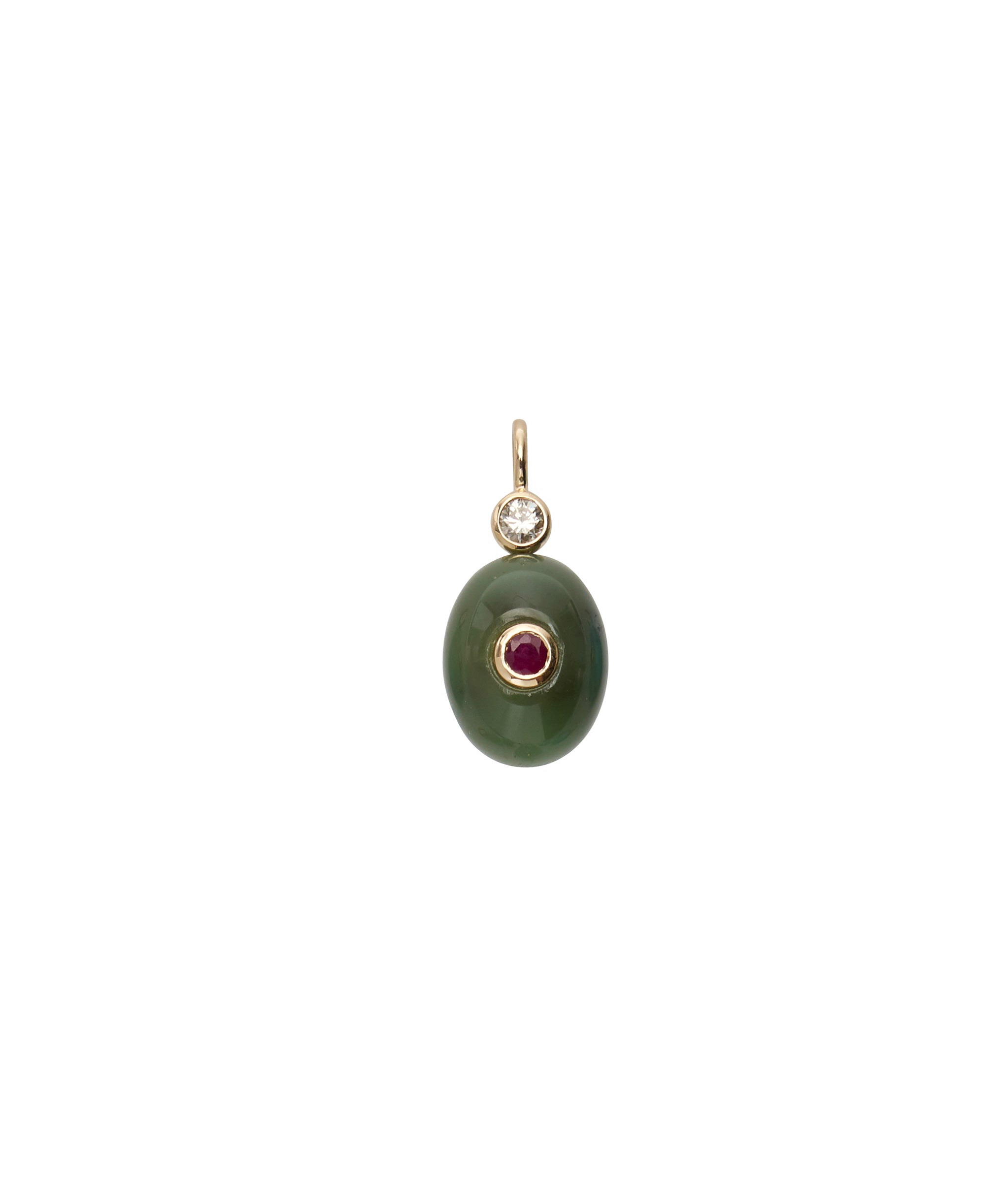 Dark Green Jade, Diamond & Ruby 14k Gold Necklace Charm