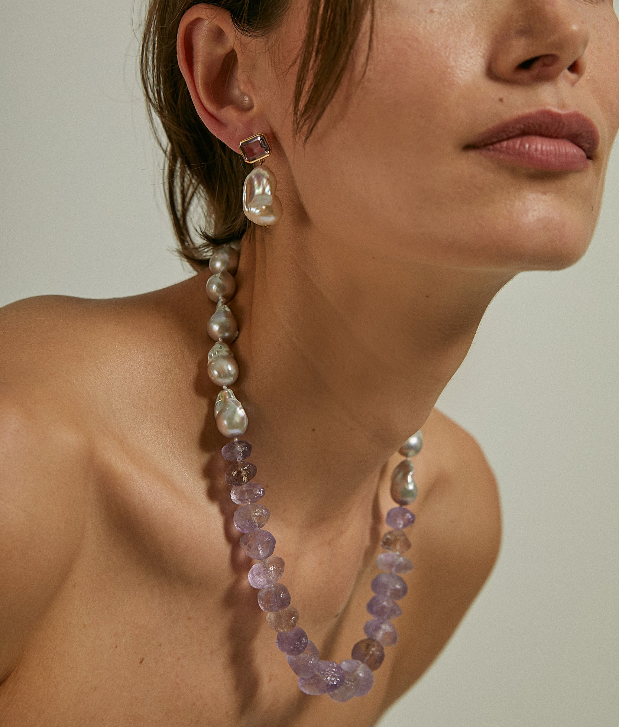 Silver Baroque Pearl, Amethyst & 14k Gold Necklace