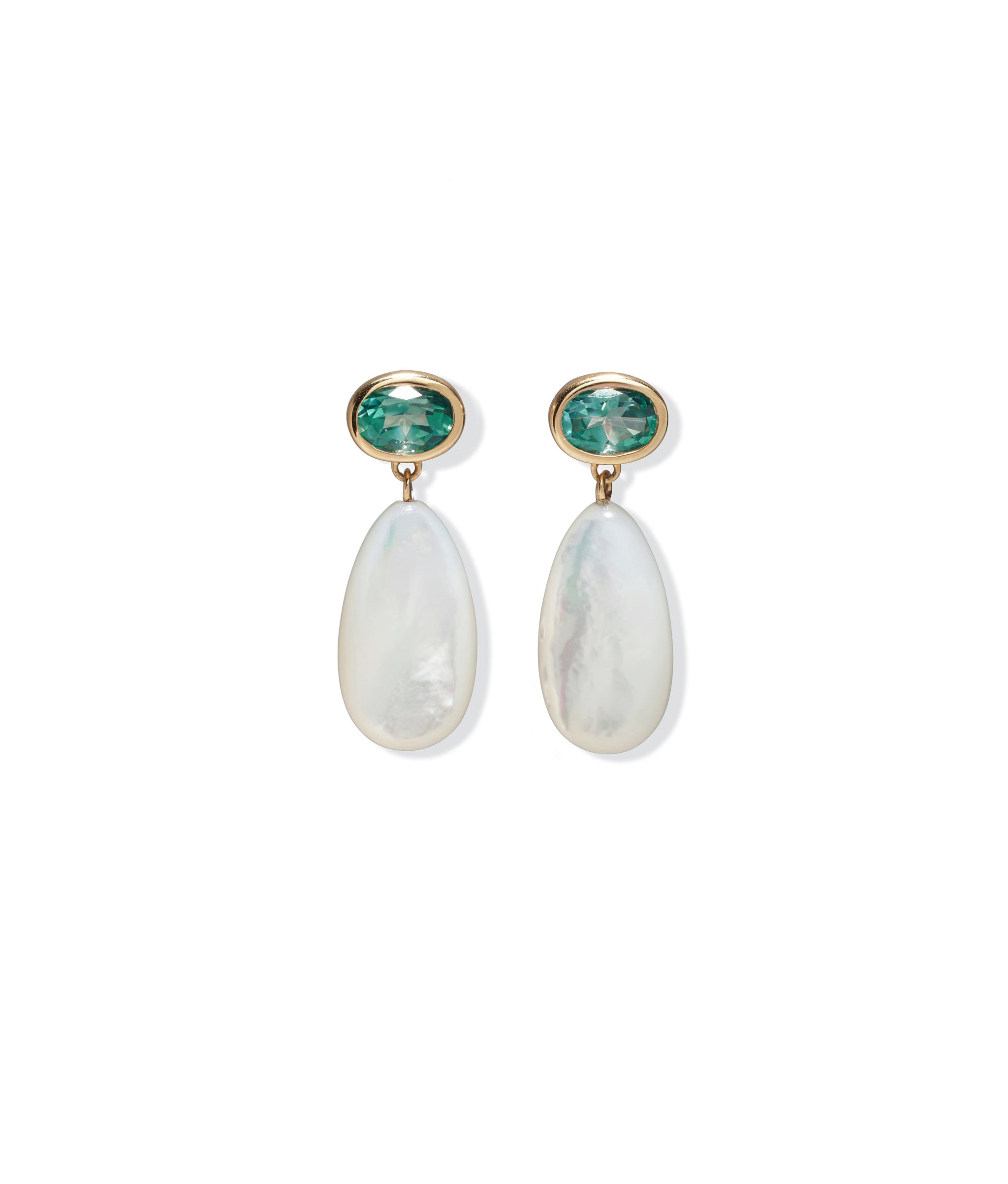 14k Gold Drop Earrings in Green Topaz & Mother-of-Pearl