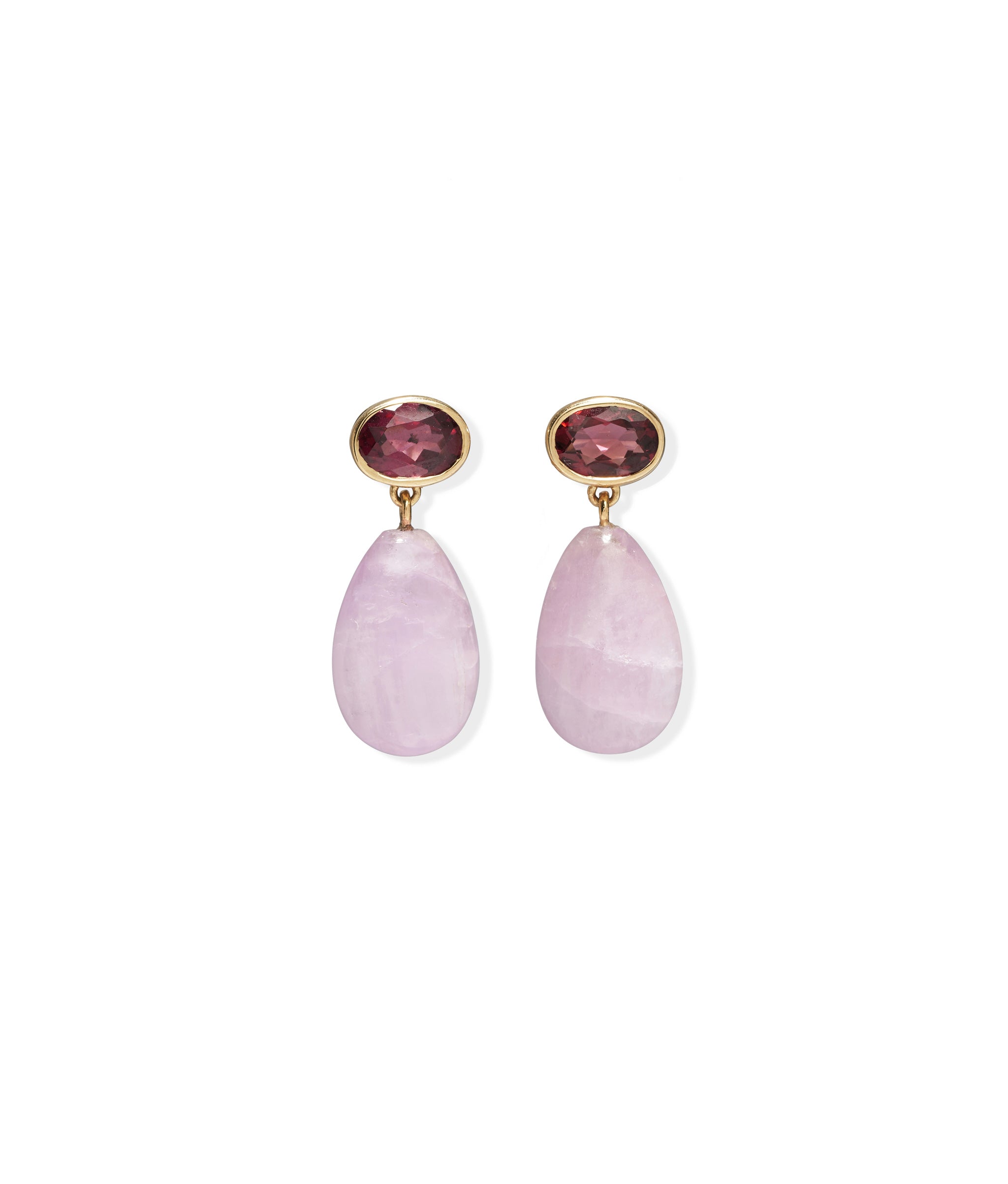 14k Gold Drop Earrings in Pink Rhodolite & Kunzite