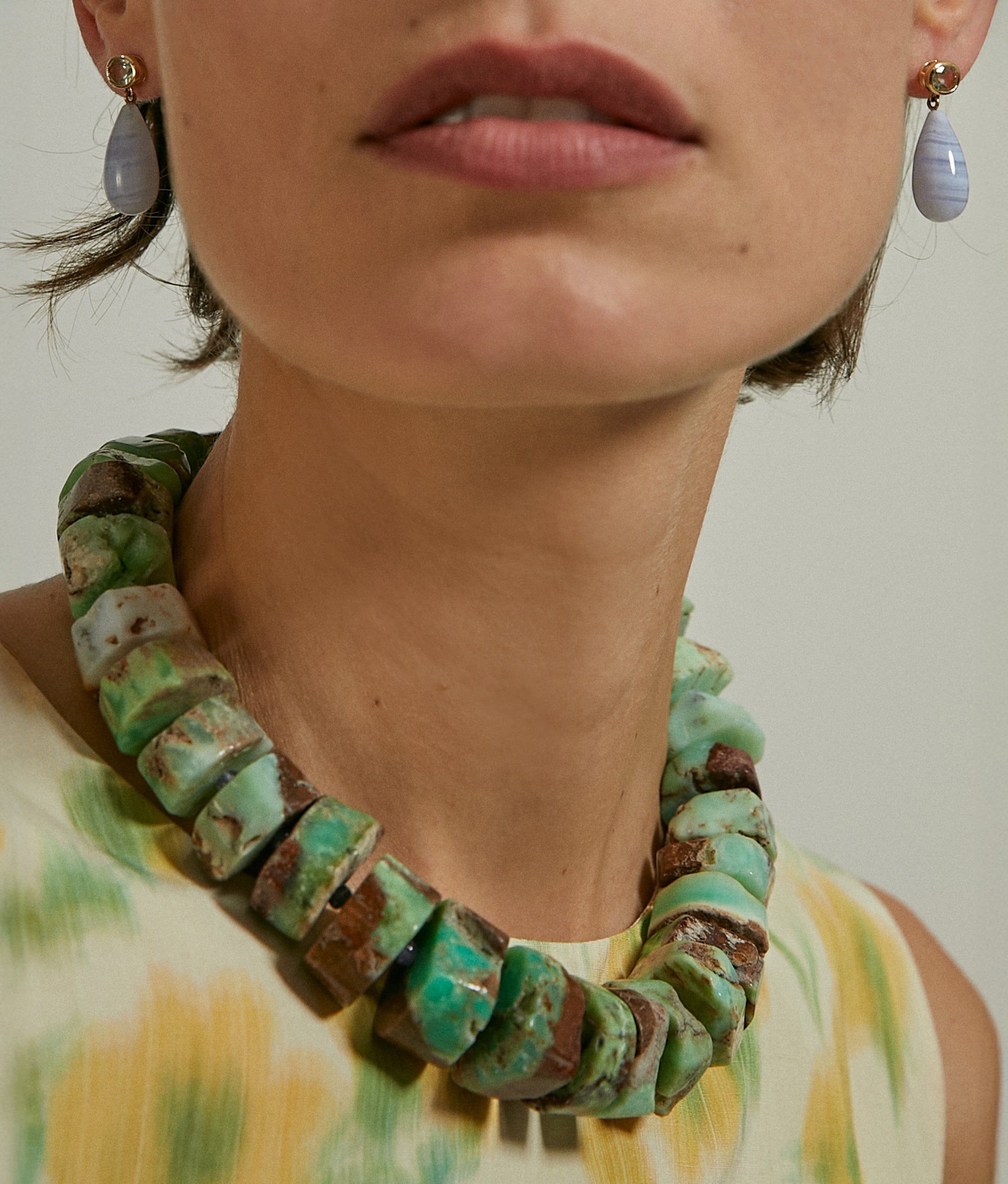 14k Gold Drop Earrings in Green Amethyst & Blue Lace Agate