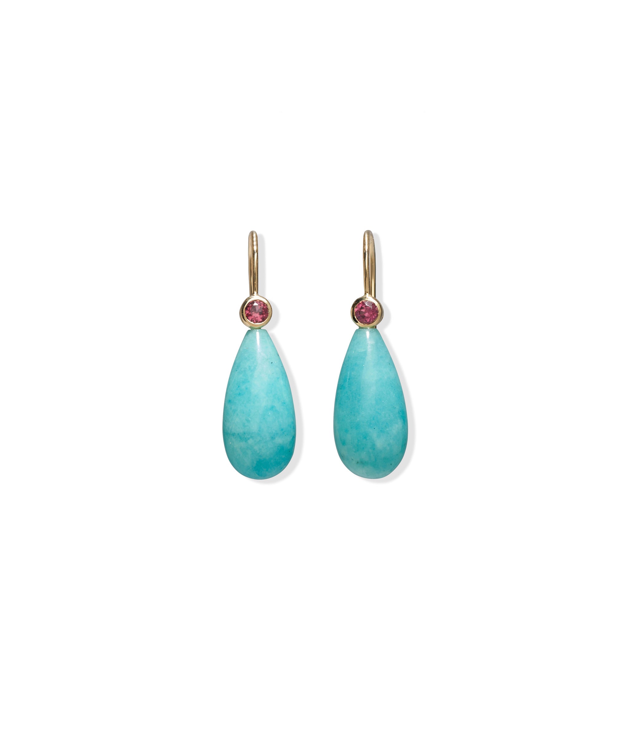 14k Gold Rhea Earrings in Pink Rhodolite & Amazonite