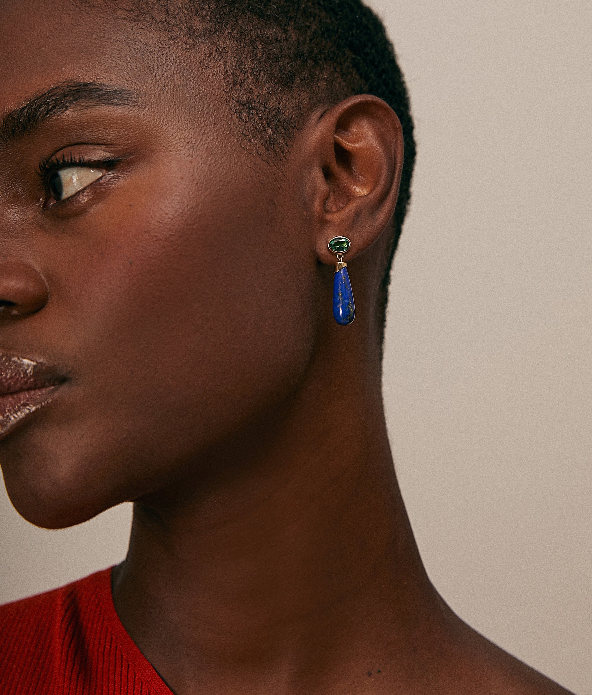 14k Gold Pomona Earrings in Green Quartz & Lapis