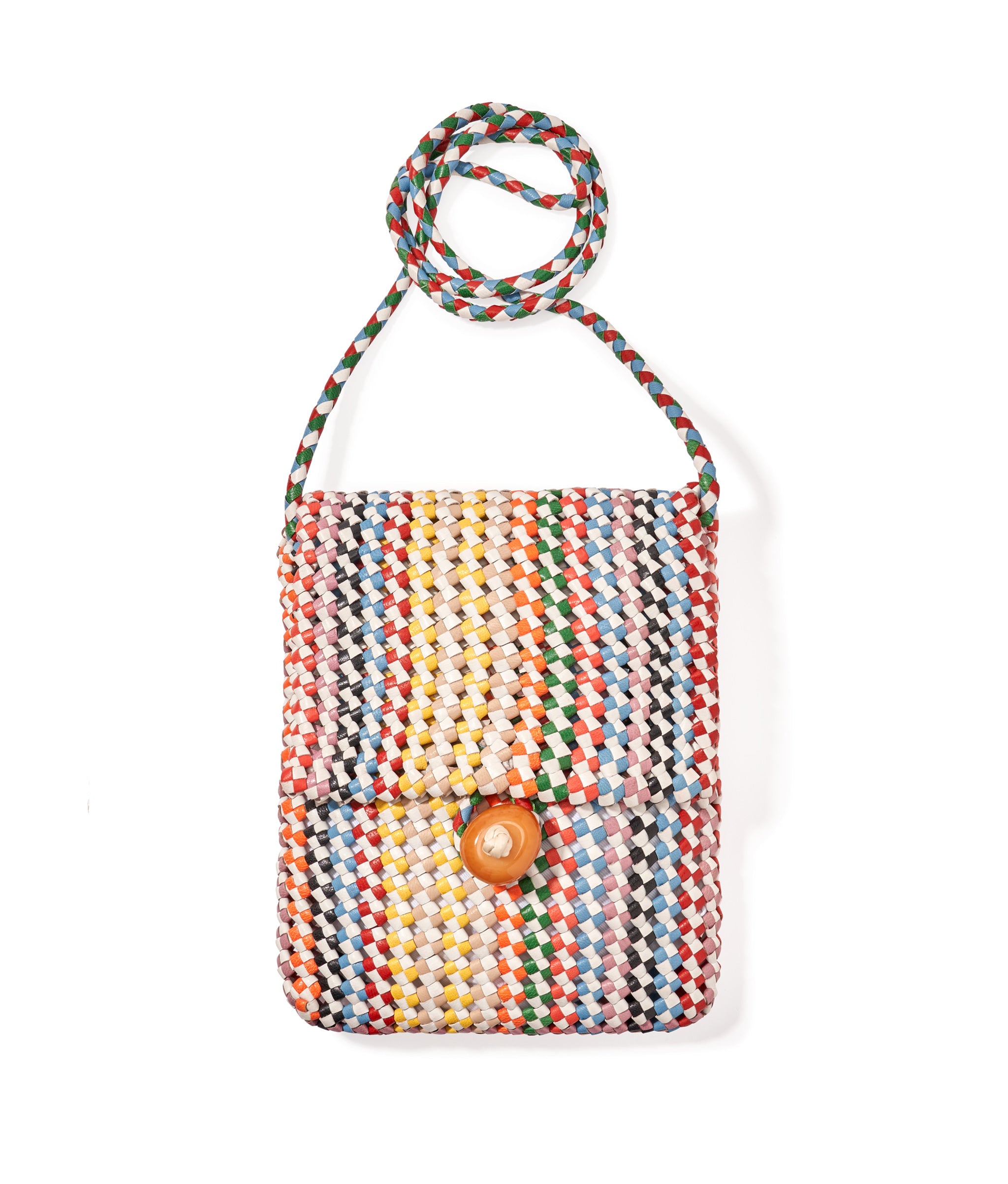 Goa Crossbody. Woven Leather crossbody bag with light cream multicolor stripes and an oversized resin bead closure.
