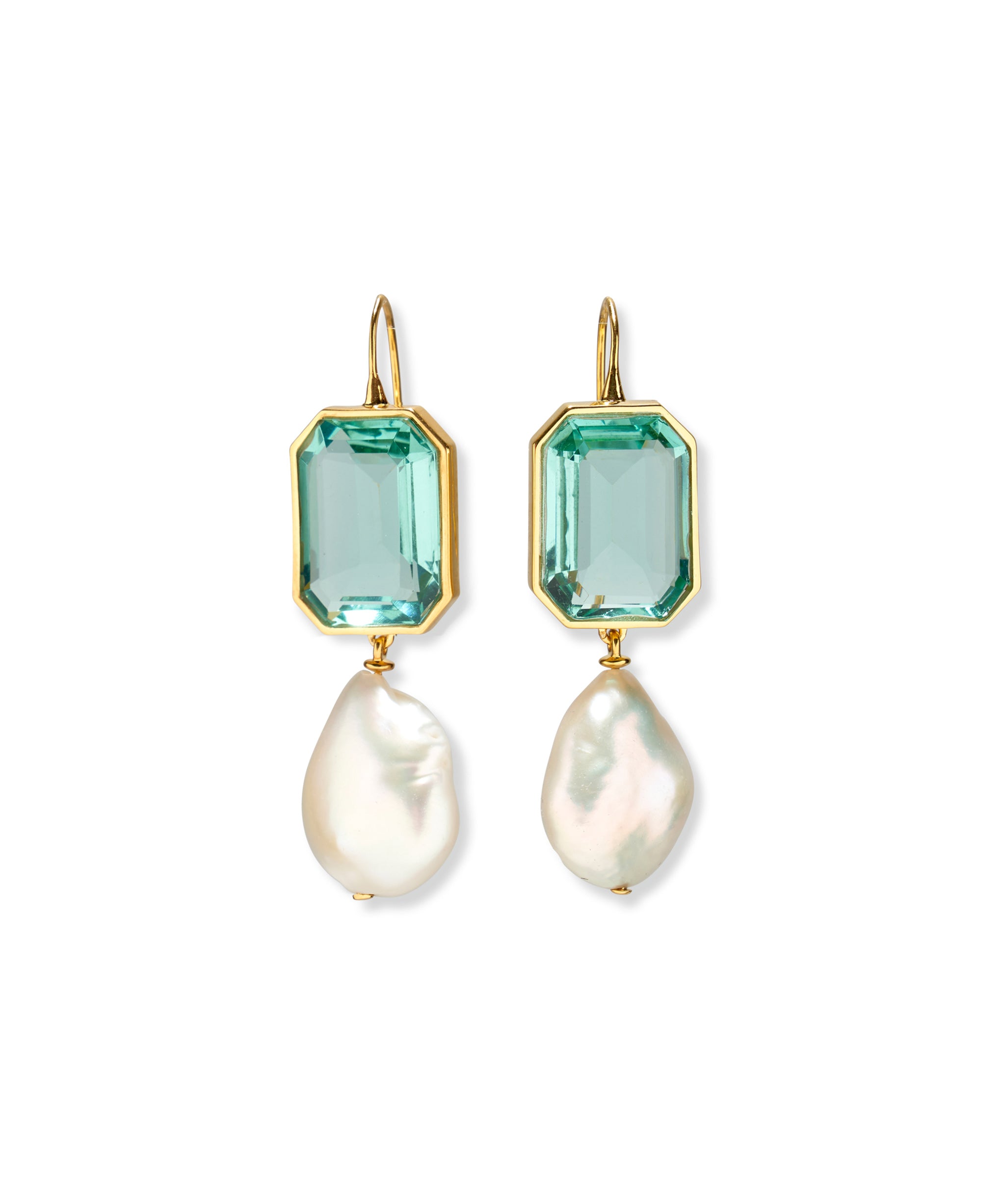 Aegean Earrings. Rectangle drop earrings with aqua-colored quartz baguette stones and hanging baroque freshwater pearls.