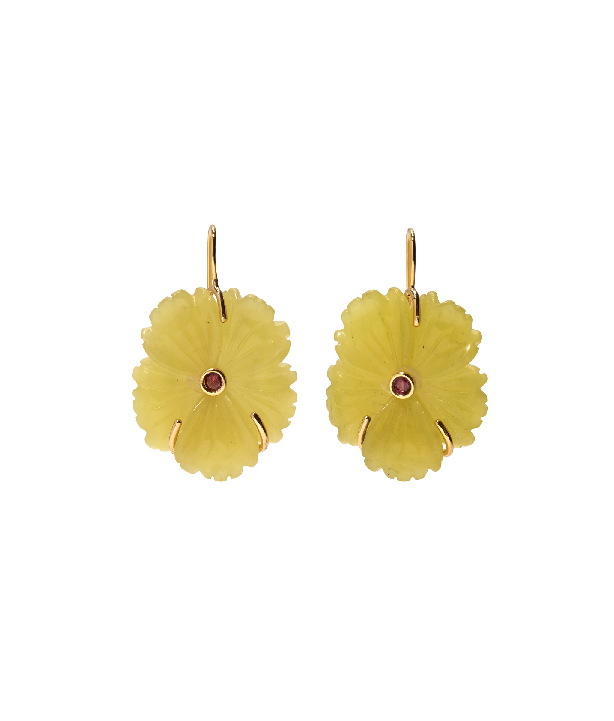 New Bloom Earrings in Canary. Gold-plated ear-wire with carved lemon jade flowers set with faceted rhodolite stones.