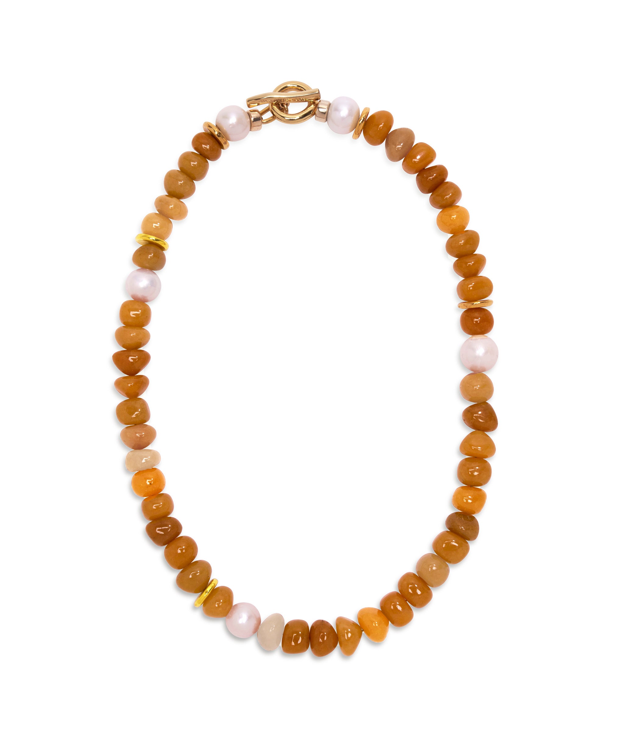 Mood Necklace in Red Aventurine. Red Aventurine necklace with assorted gold plated brass and pearls and toggle closure.