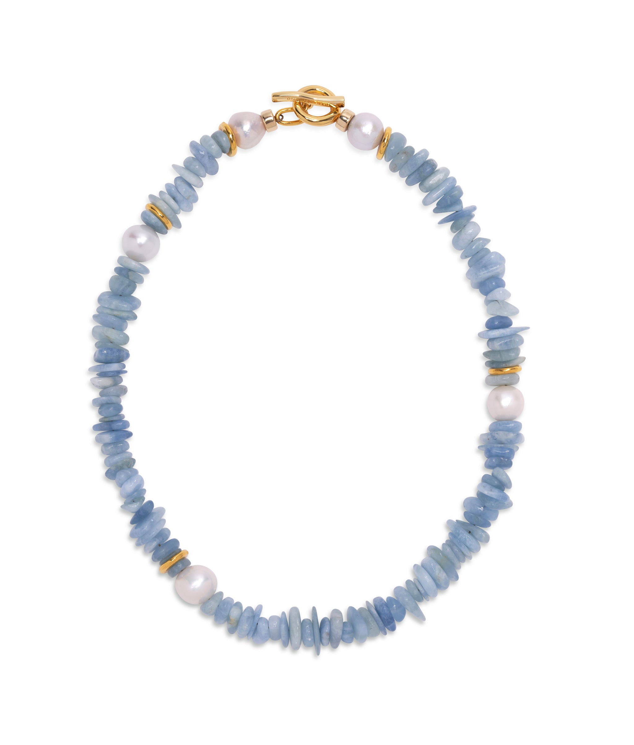 Mood Necklace in Aquamarine. Aquamarine necklace with freshwater pearls and gold plated brass with toggle closure.