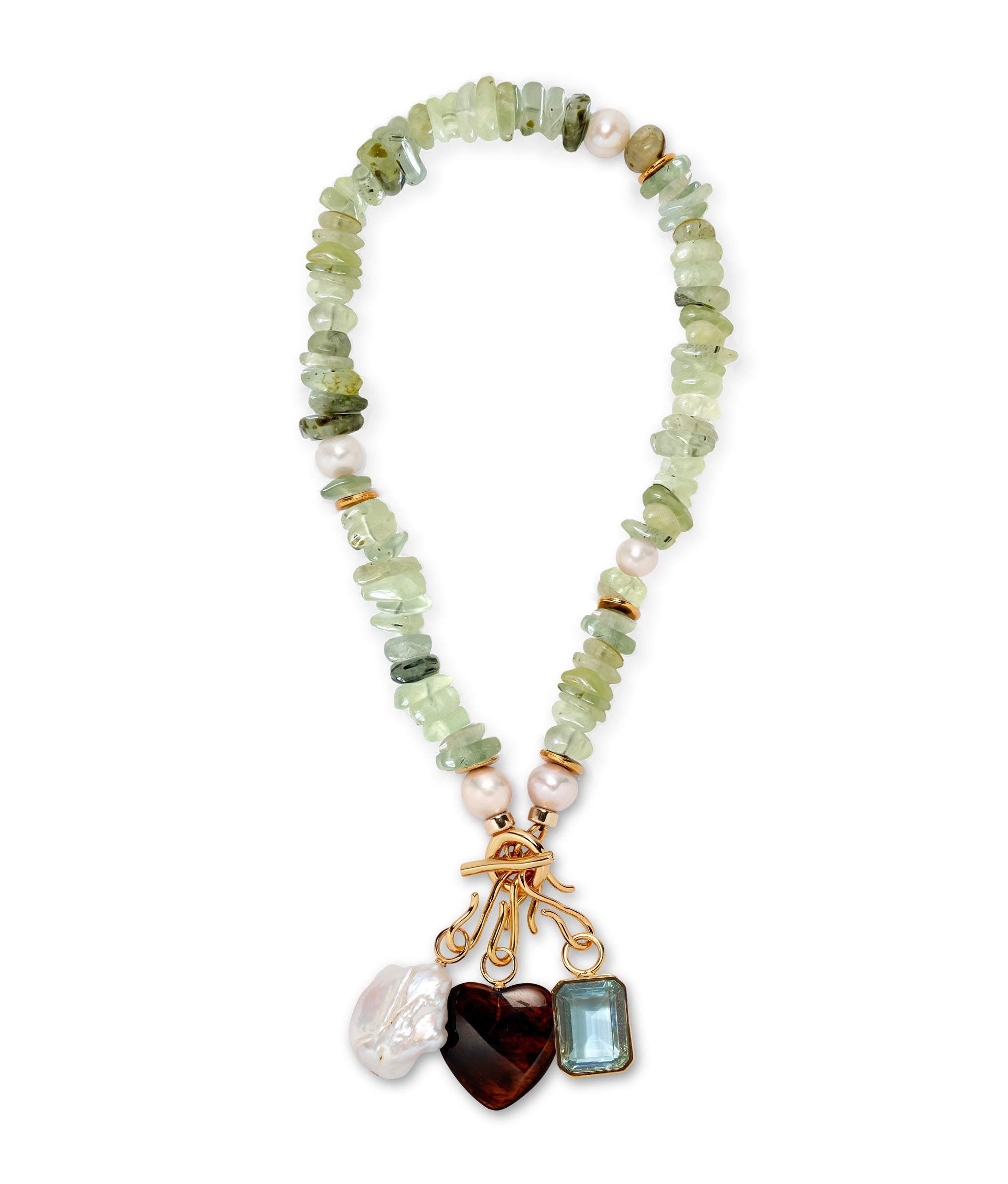 Mood Necklace in Prehnite with Deep Dive, Hickory Wind, and Candy Land Charm.