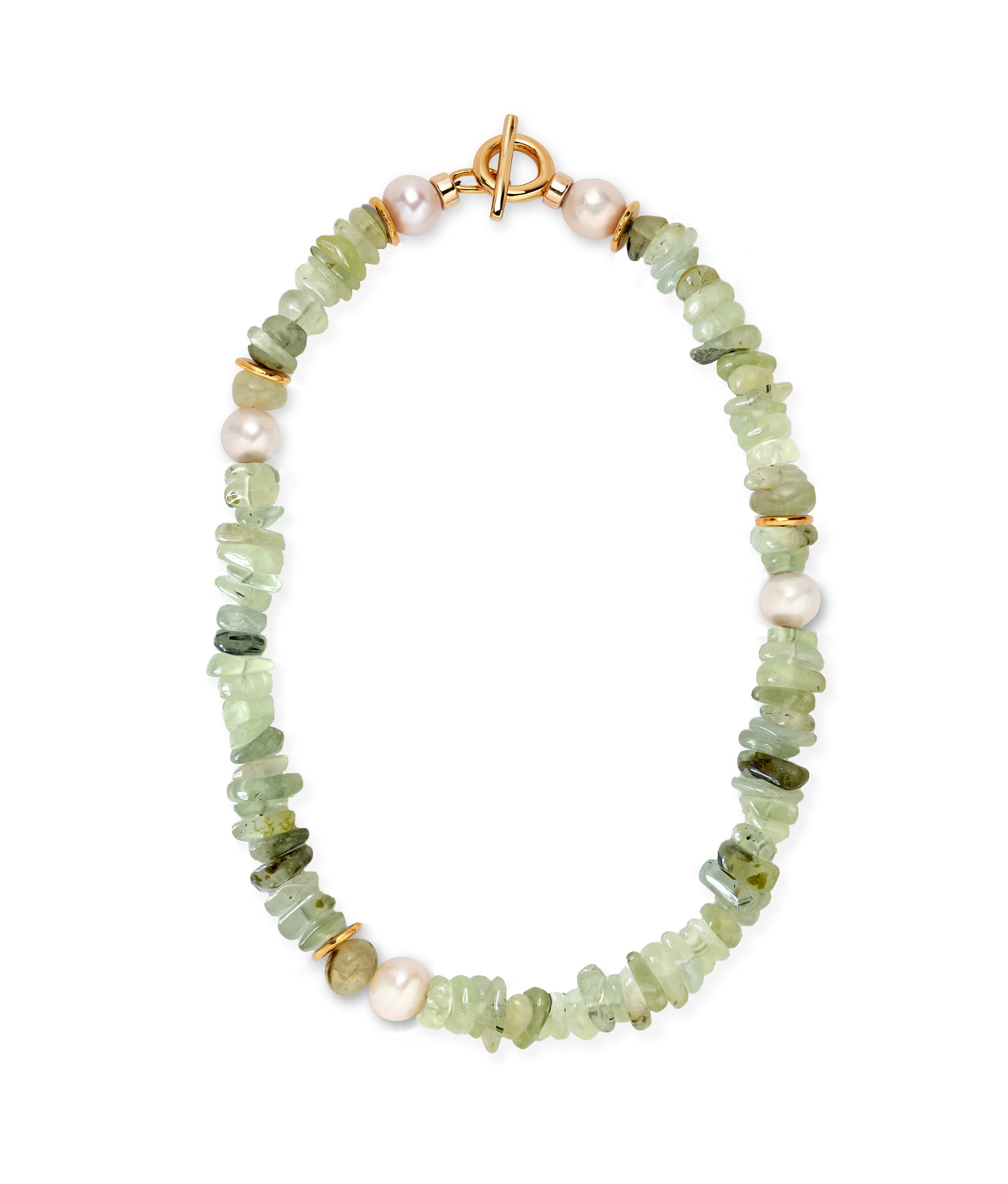 Mood Necklace in Prehnite. Green prehenite necklace with freshwater pearls and gold plated brass with toggle closure.