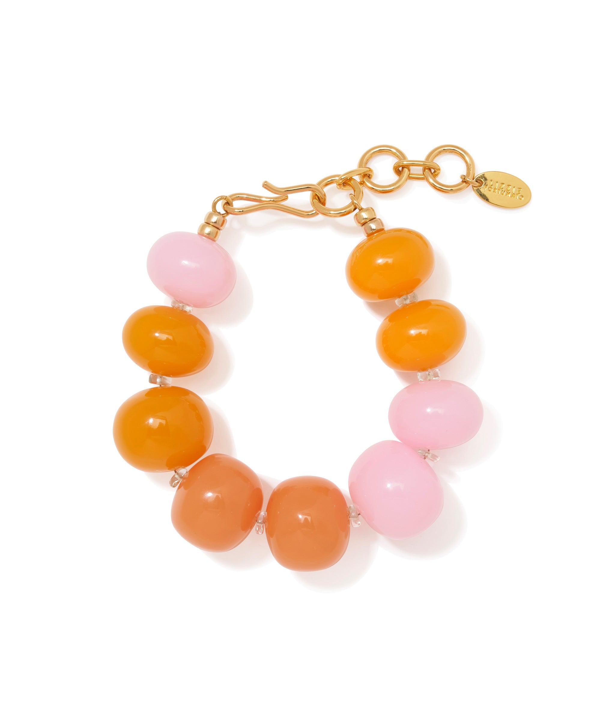 Olympia Bracelet. Bracelet with orange-pink various resin beads with opal accent beads and gold-placed brass hook closure.