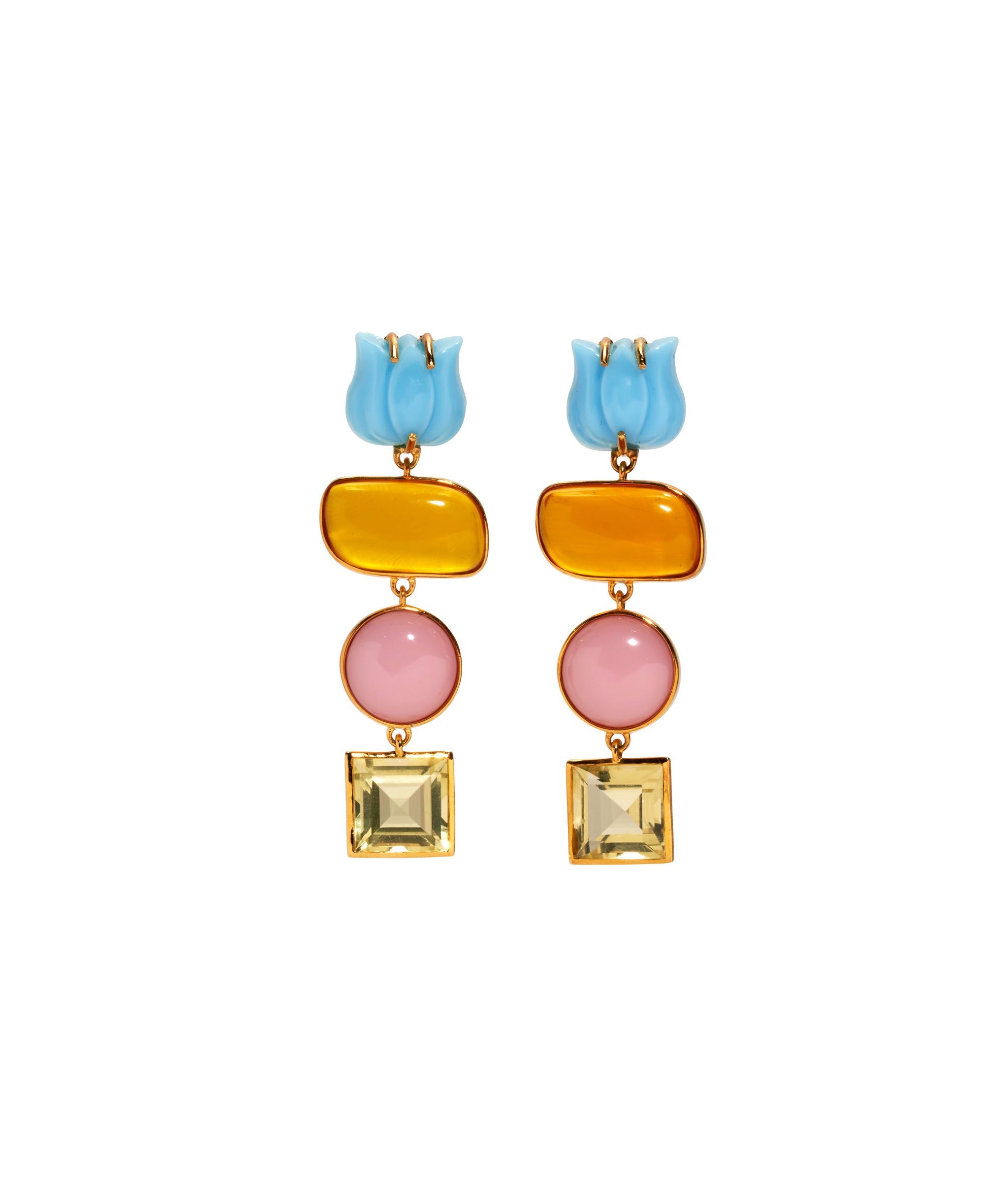 Tropical Tulip Earrings. Blue vintage glass tulip tops and hanging amber, pink quartz, and faceted lemon quartz stones.