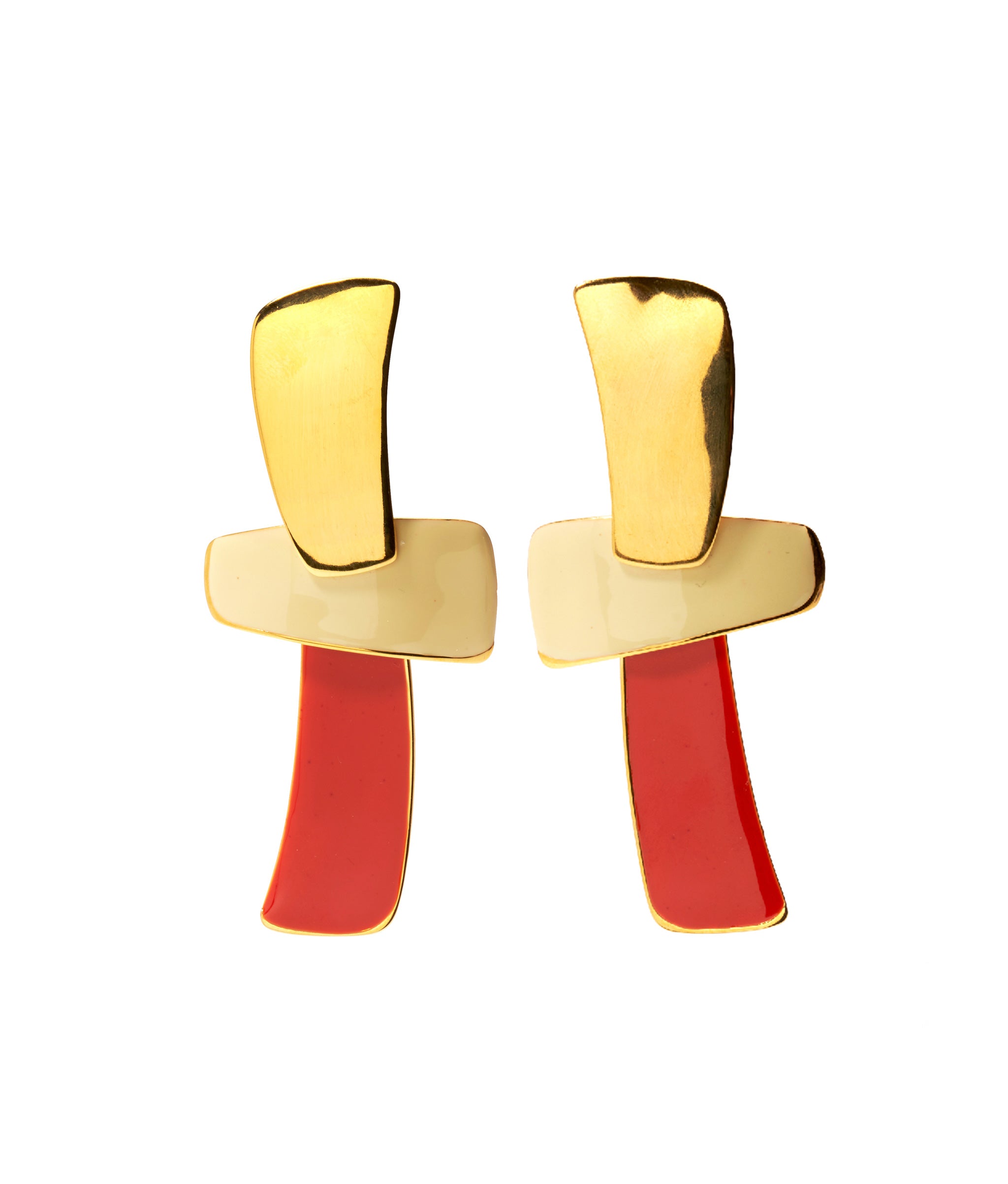 Ernesto Earrings in Red Hot. Gold-plated brass painted with cream and tomato red enamel.