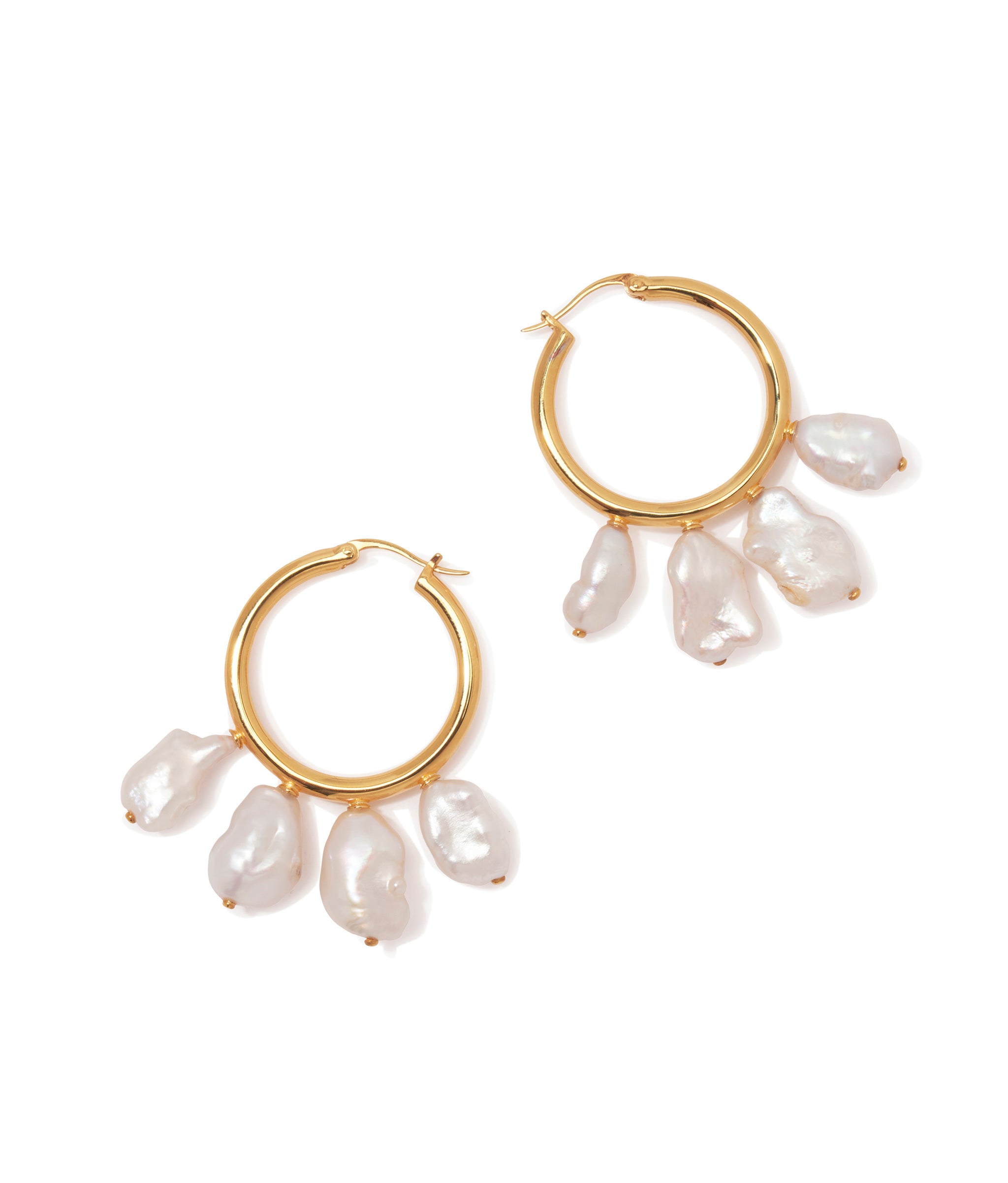 Keshi Cool Hoops. Gold-plated brass hoop earrings with four freshwater keshi drop pearls.
