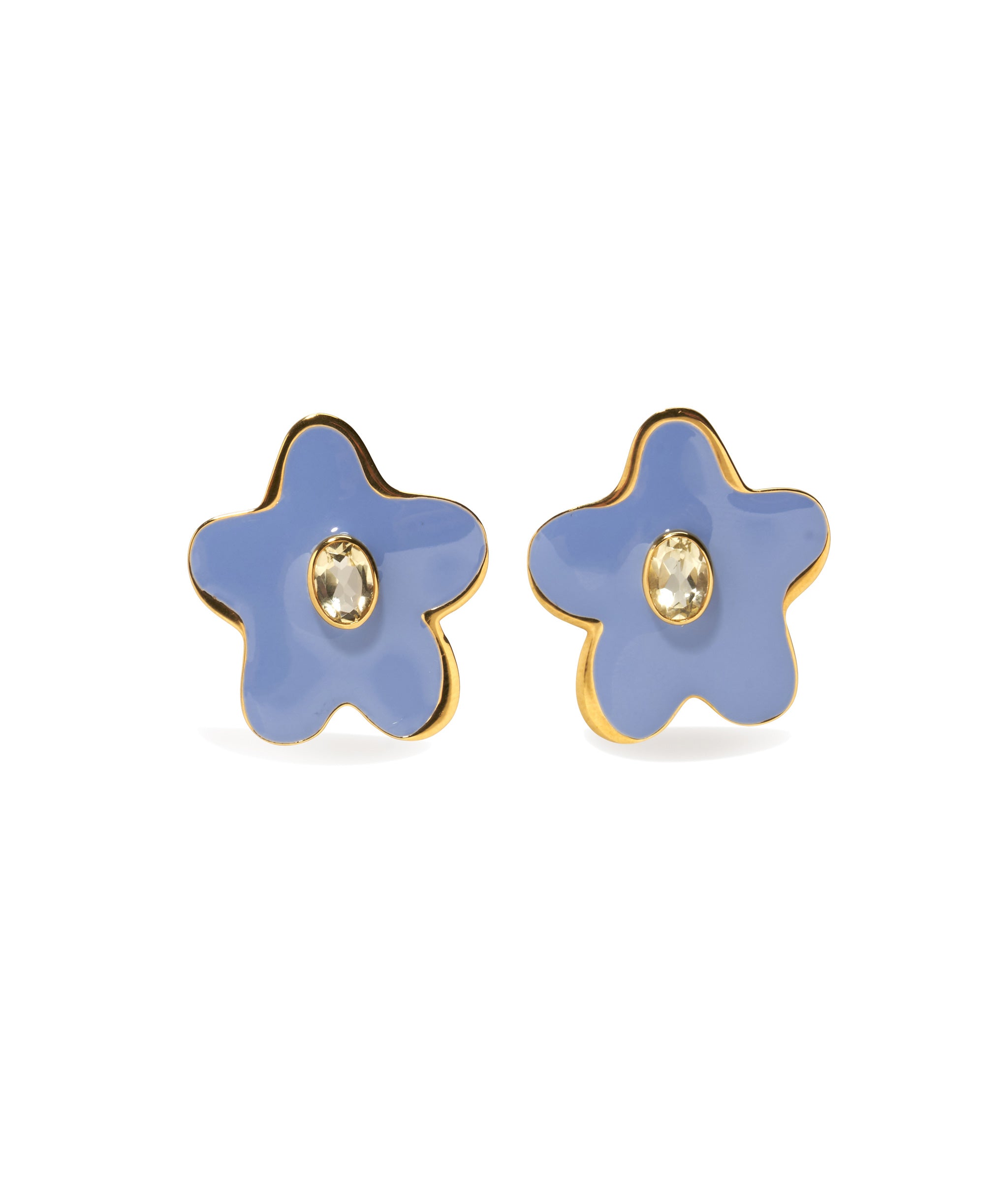 Camilo Stud Earrings in Periwinkle. Gold-plated brass and periwinkle blue enamel with lemon quartz centre stones.