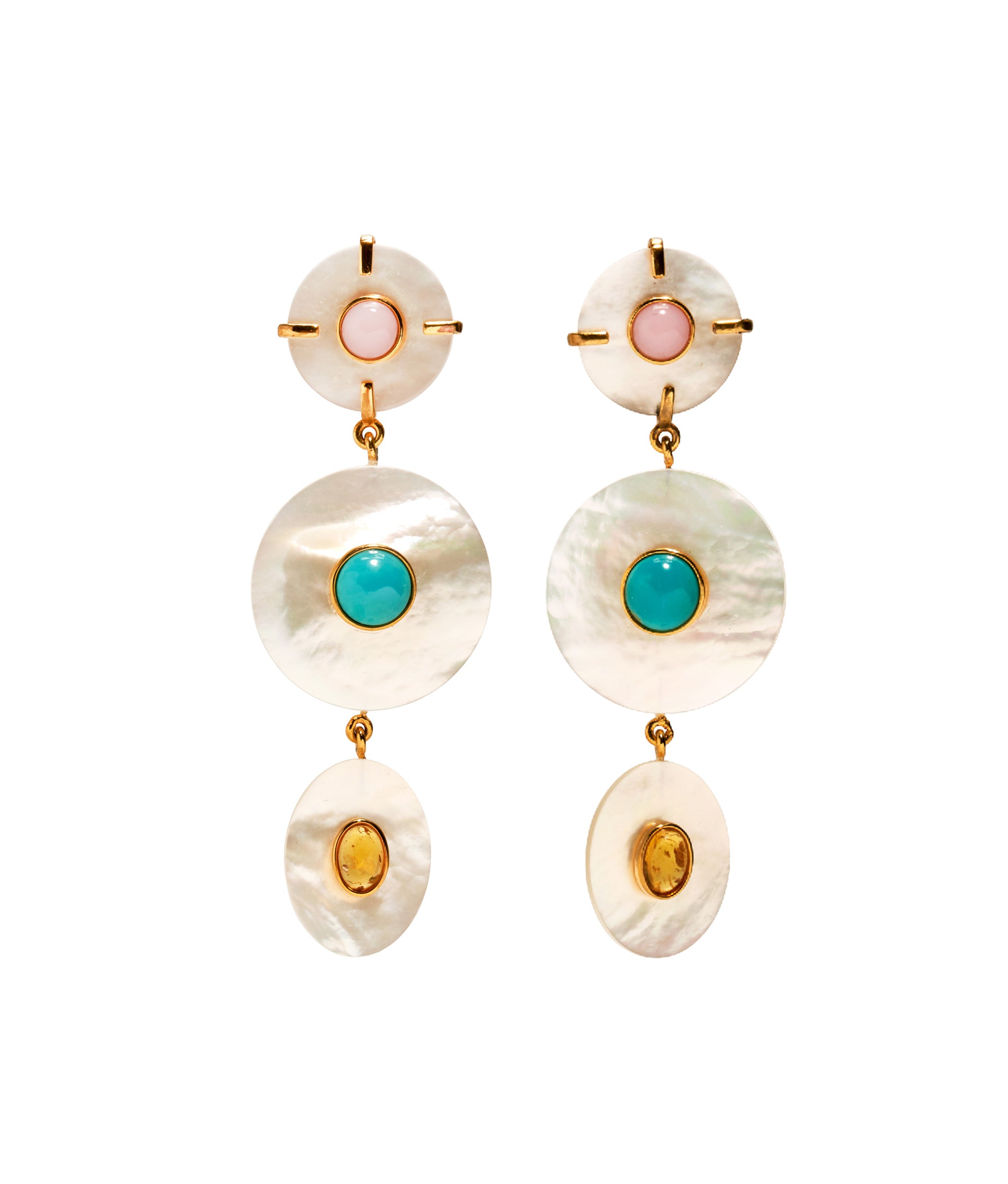 Tropic Pearl Earrings. Mother-of-pearl column earrings set with pink conch, turquoise, and reconstituted amber stones.