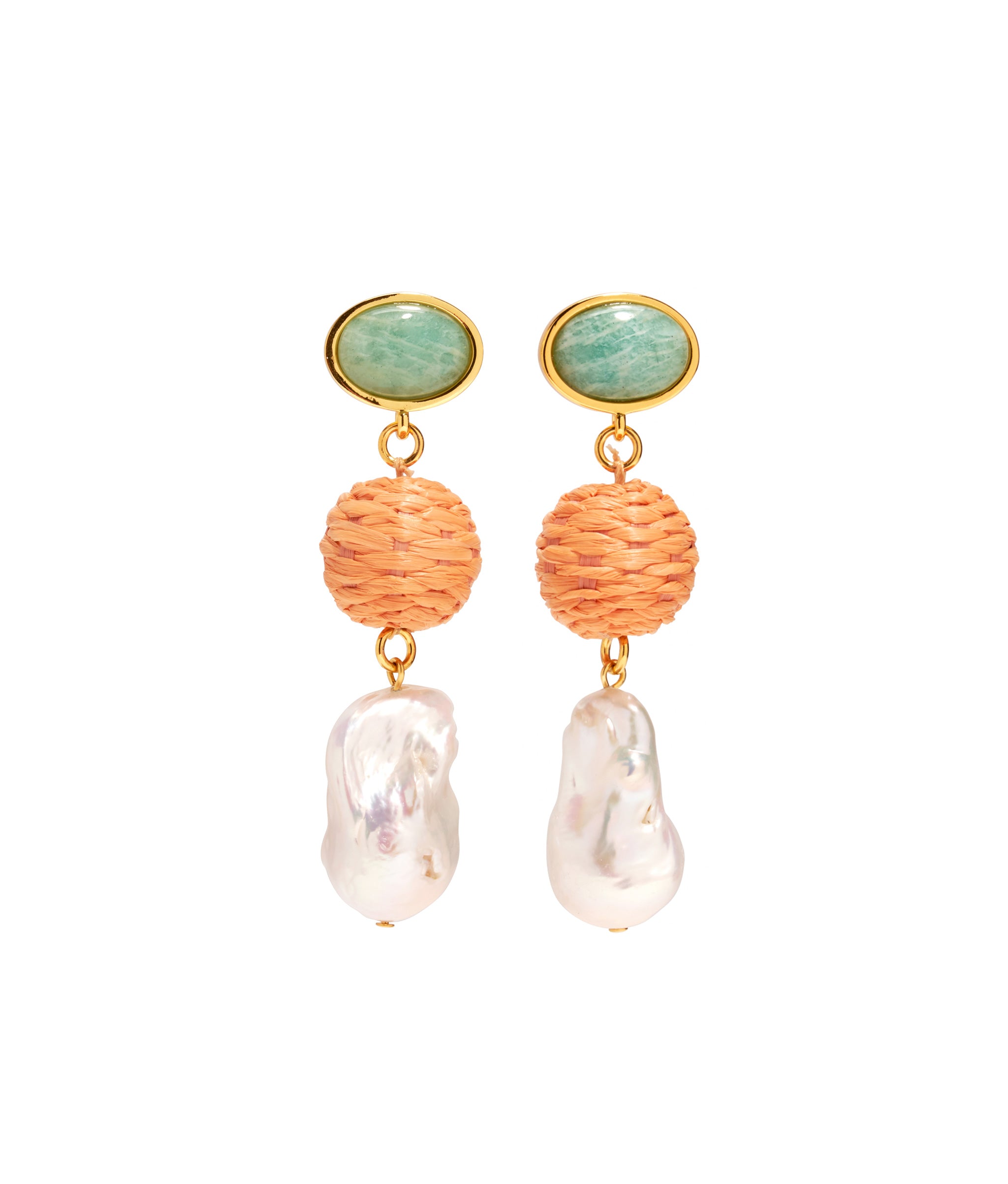 Mandarina Drop Earrings. Gold-plated brass earrings with amazonite stone tops, orange raffia, freshwater pearl drops.