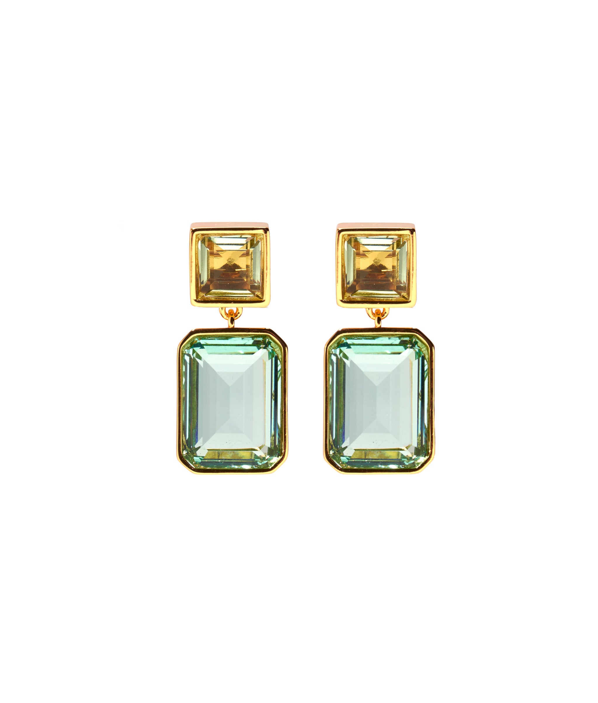 Lush Earrings in Atlantis. Gold-plated brass earrings with light green glass tops and ocean blue glass baguette drops.
