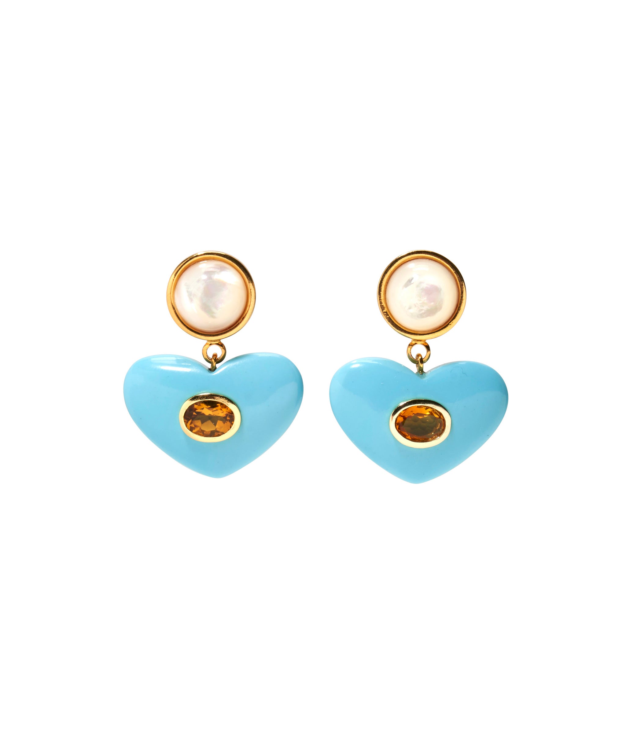 Enamored Earrings in Turquoise. Mother-of-pearl tops with turquoise-colored heart drops and dark citrine stones.