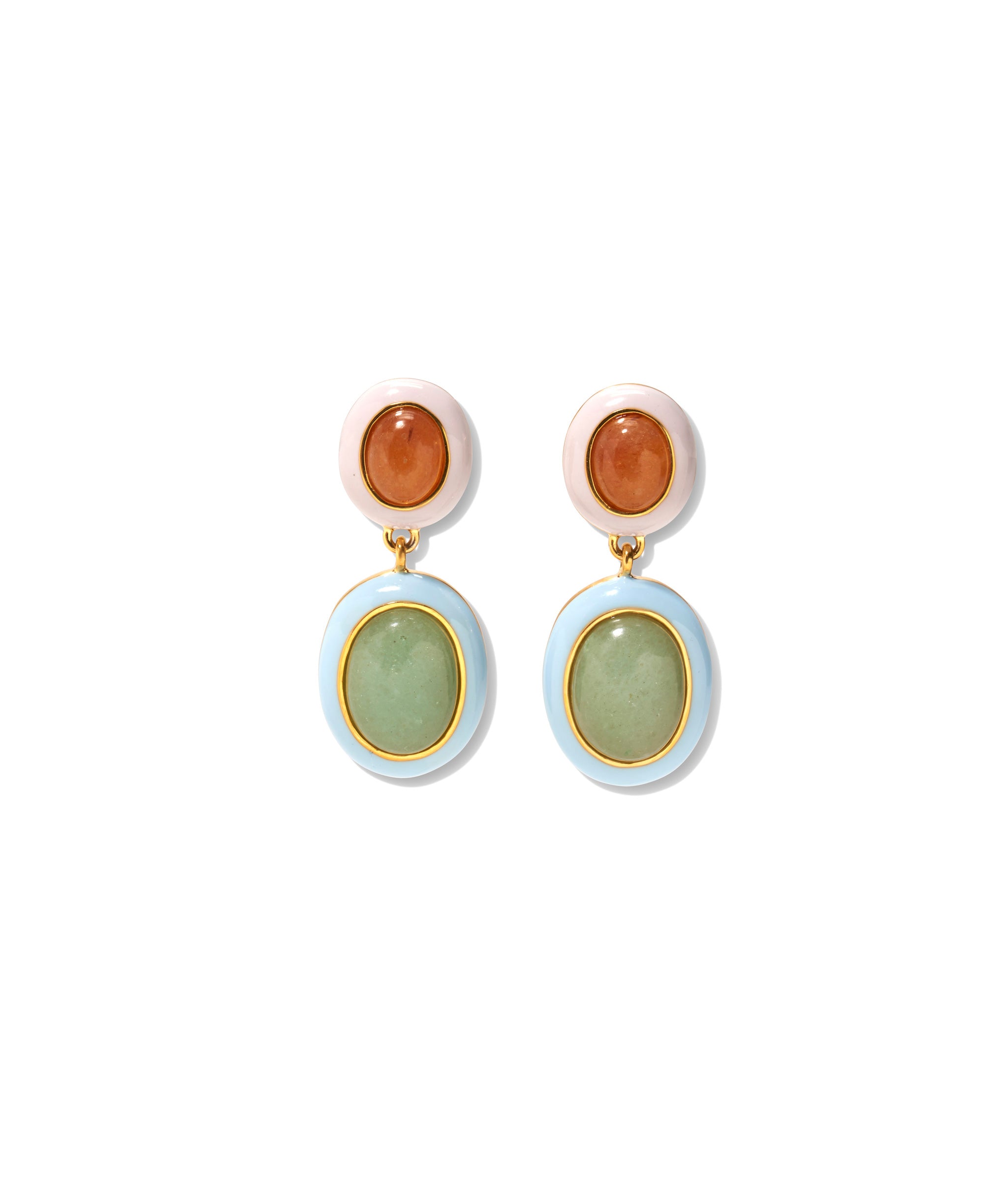 Papaya Earrings. Gold-plated brass and enamel linked ovals, with peach and green aventurine stone inlay.