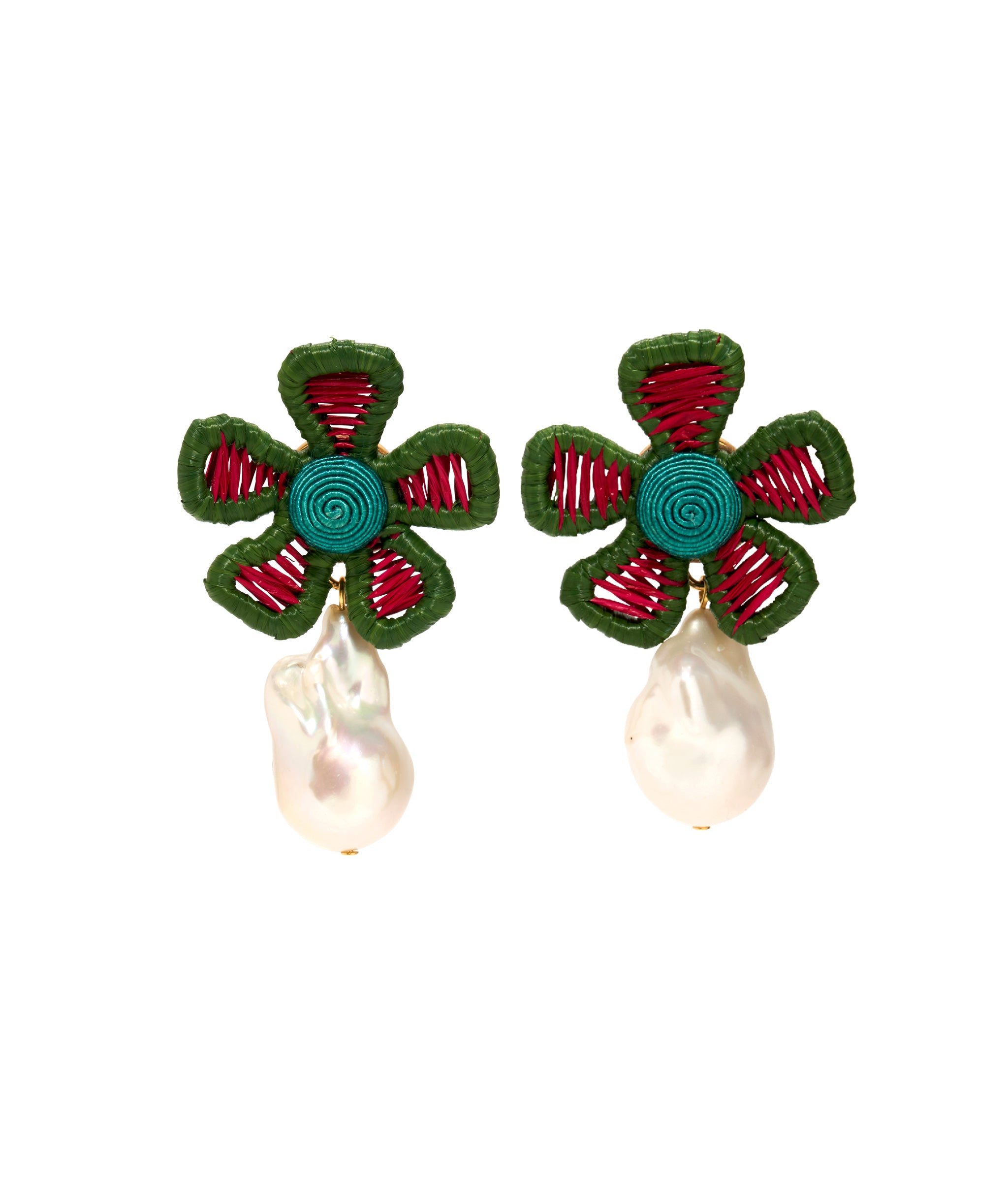Crown Daisy Earrings in Macaw. Embroidered magenta and green raffia flowers with teal wrapped cord and pearl drops.