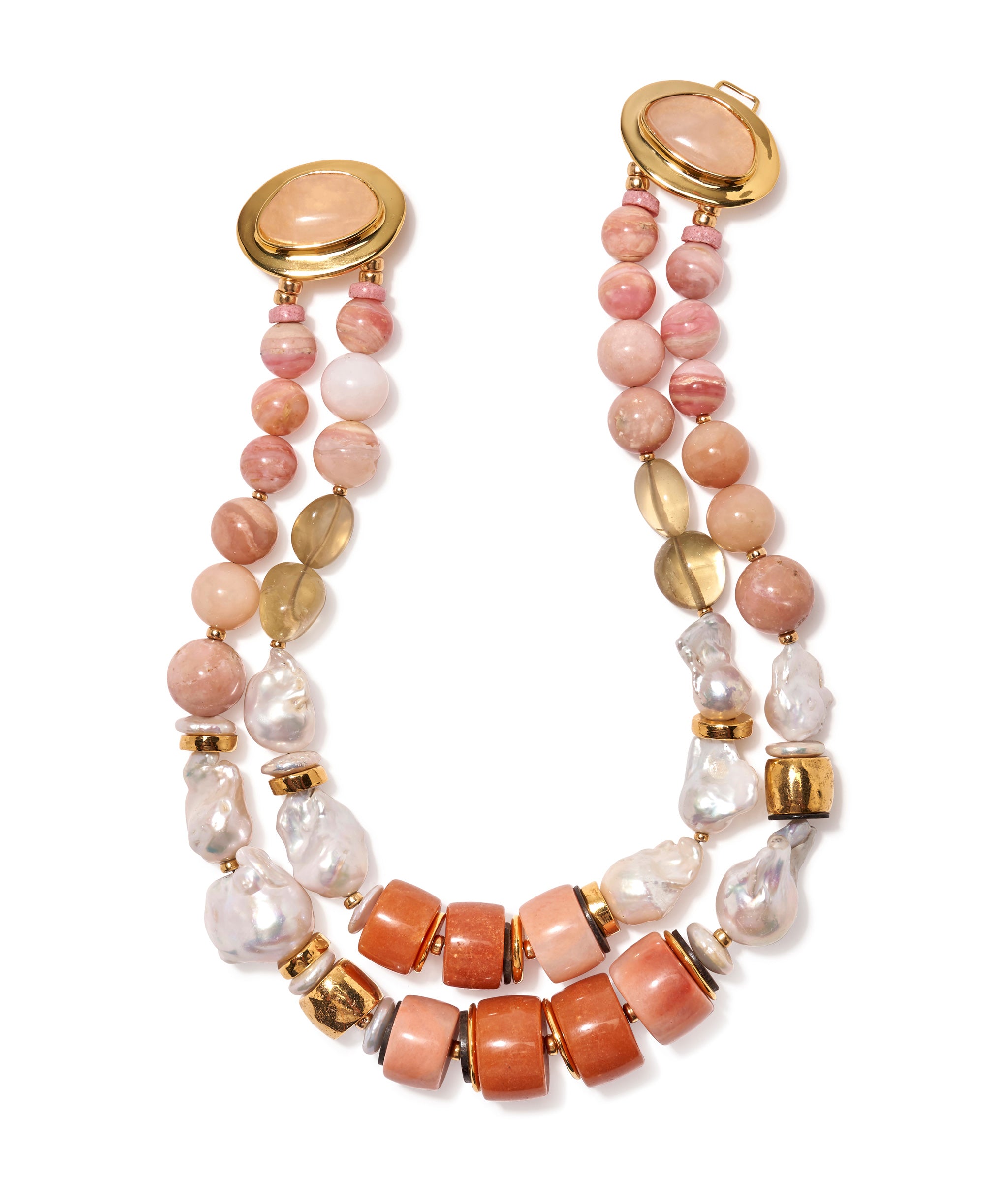 Ariel II Necklace. Gold-plated brass, pink opal, peark, peach and lemon quartz beads with a rose quartz stone closure.