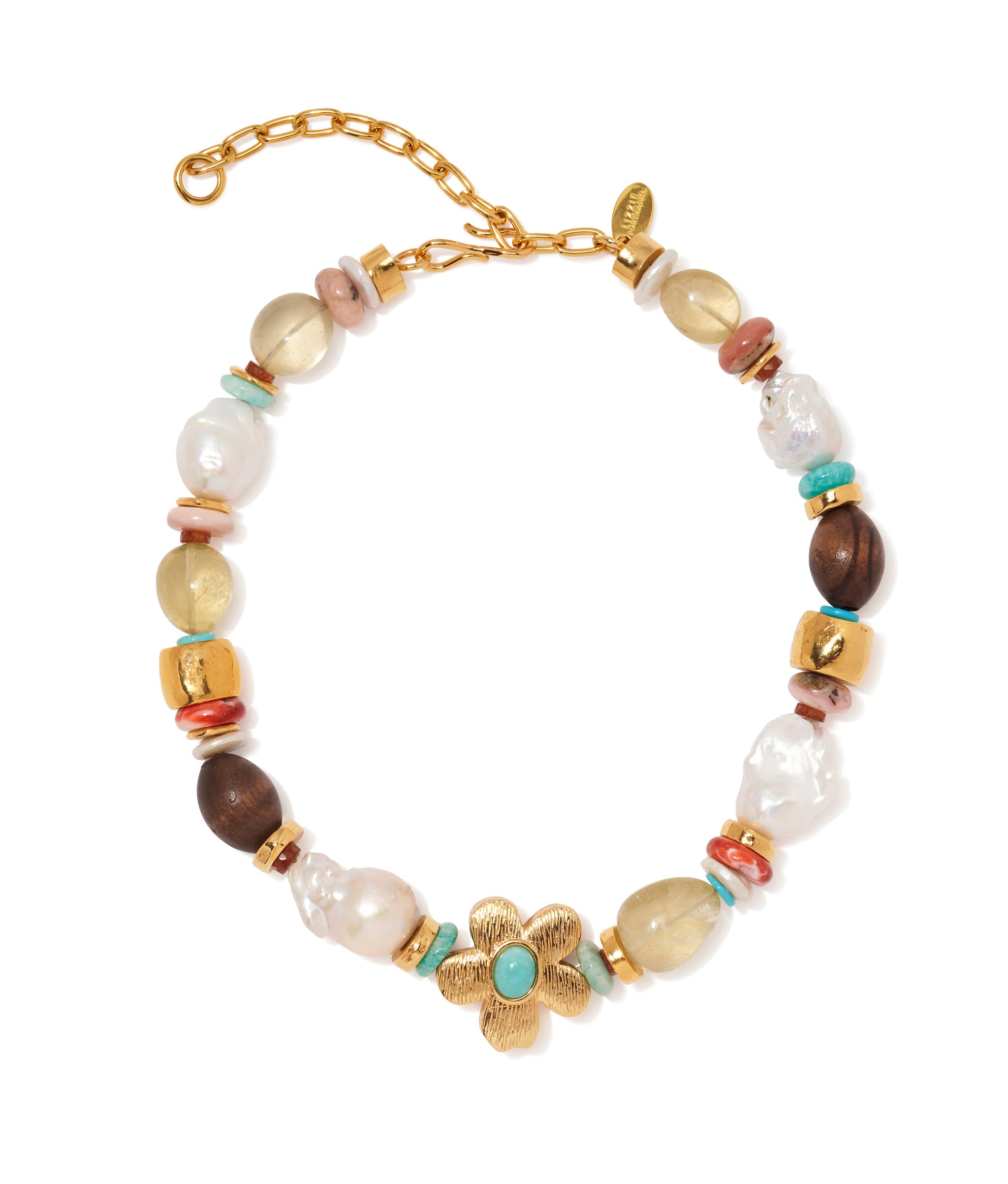 Mistflower Necklace in Apple. Multicolored necklace made of stones, wood, pearls, quartz and semiprecious amazonite.