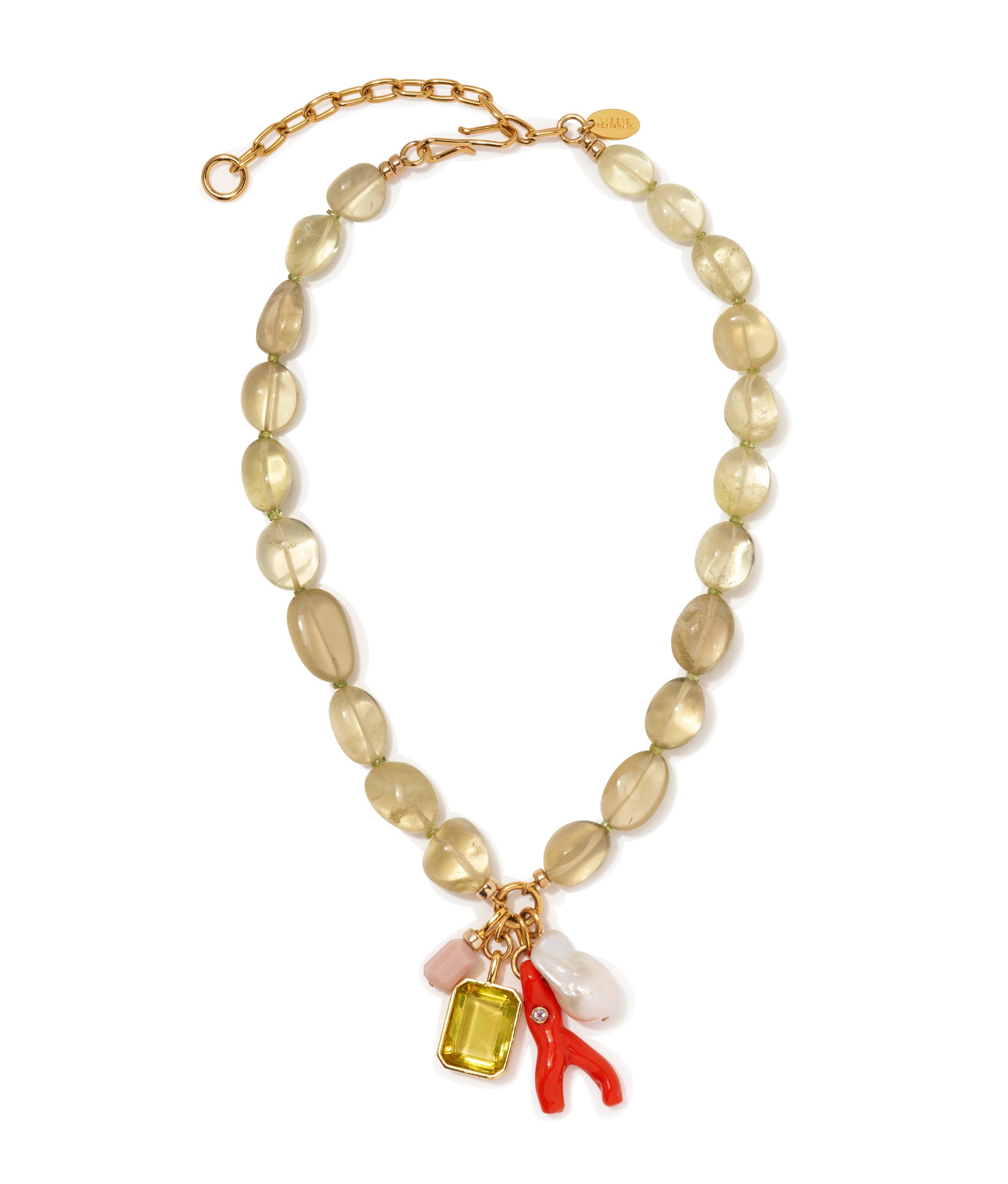 Beaded Reef Necklace. Lemon quartz, dotted peridot, pink opal, green glass, red coral, pearl, and gold-plated brass.
